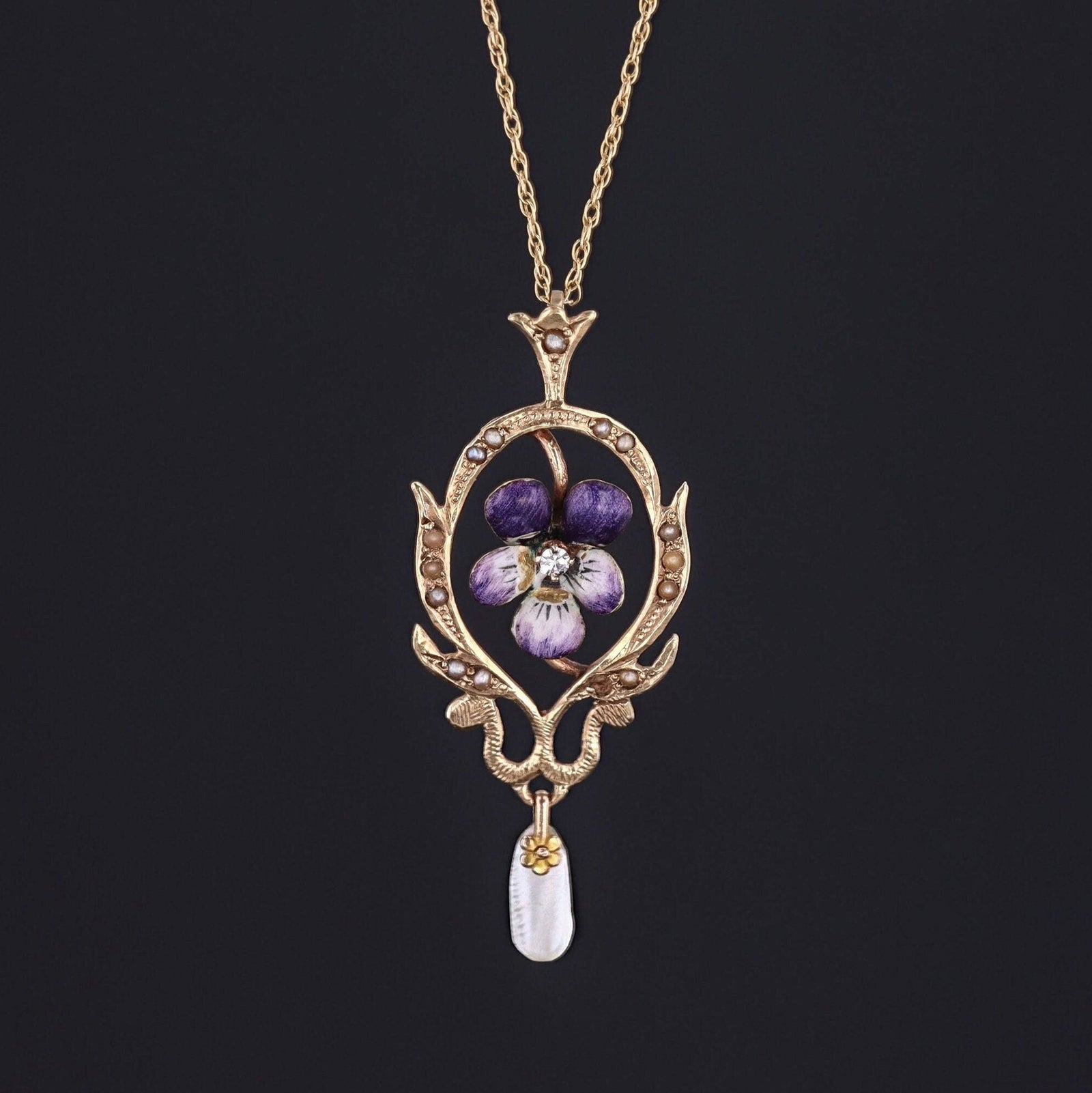 Pansy Pendant | Antique Enamel Pansy Pendant - Trademark Antiques