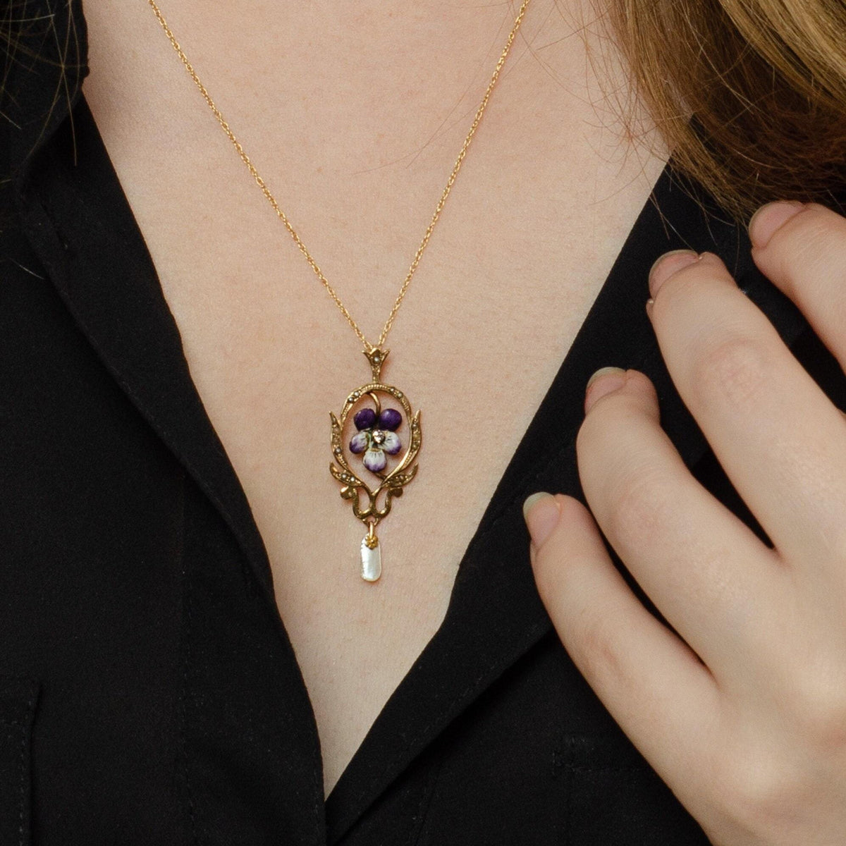 Pansy Pendant | Antique Enamel Pansy Pendant - Trademark Antiques