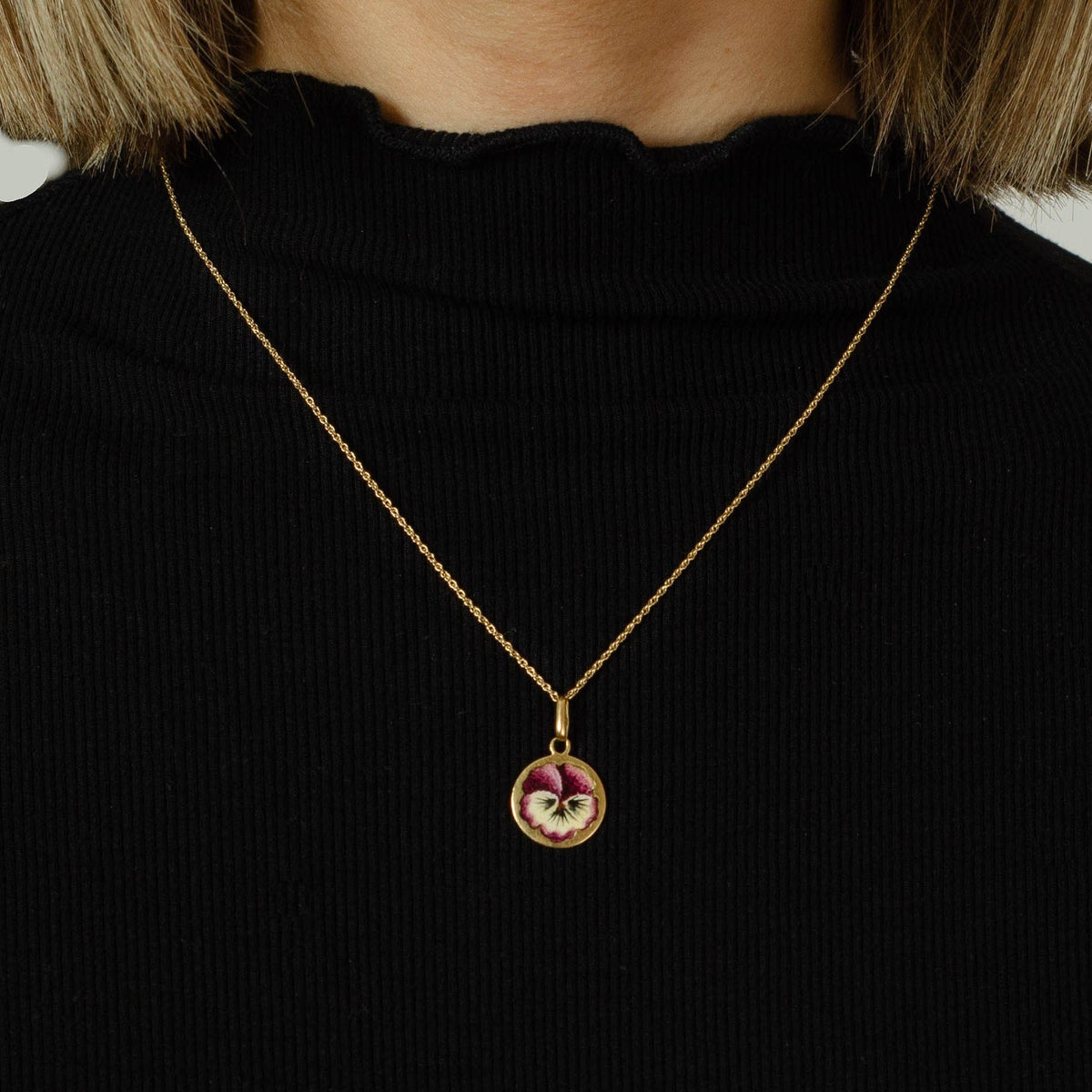 Pansy Pendant or Charm | 18k Gold &amp; Enamel Charm on Optional 14k Chain - Trademark Antiques
