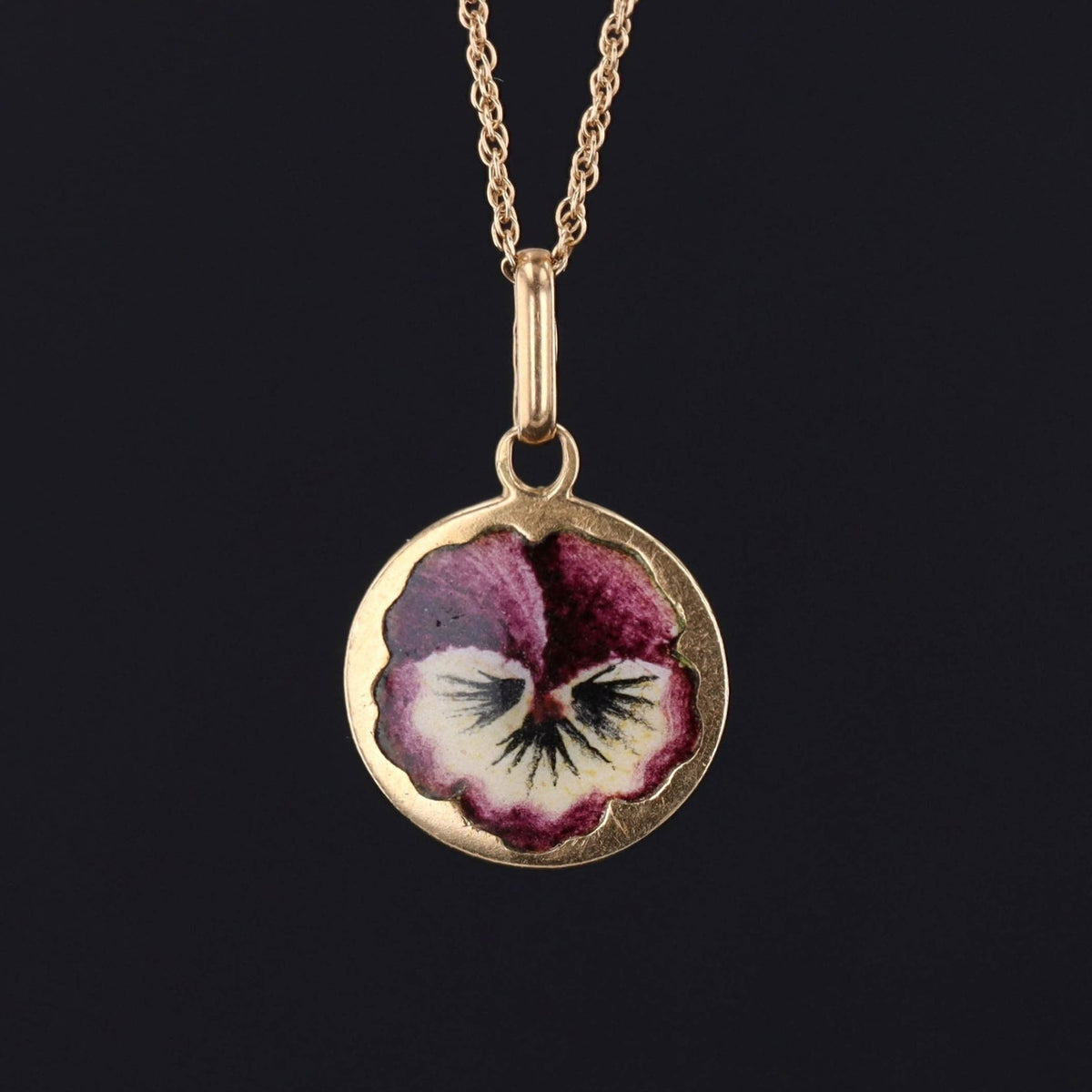 Pansy Pendant or Charm | 18k Gold &amp; Enamel Charm on Optional 14k Chain - Trademark Antiques