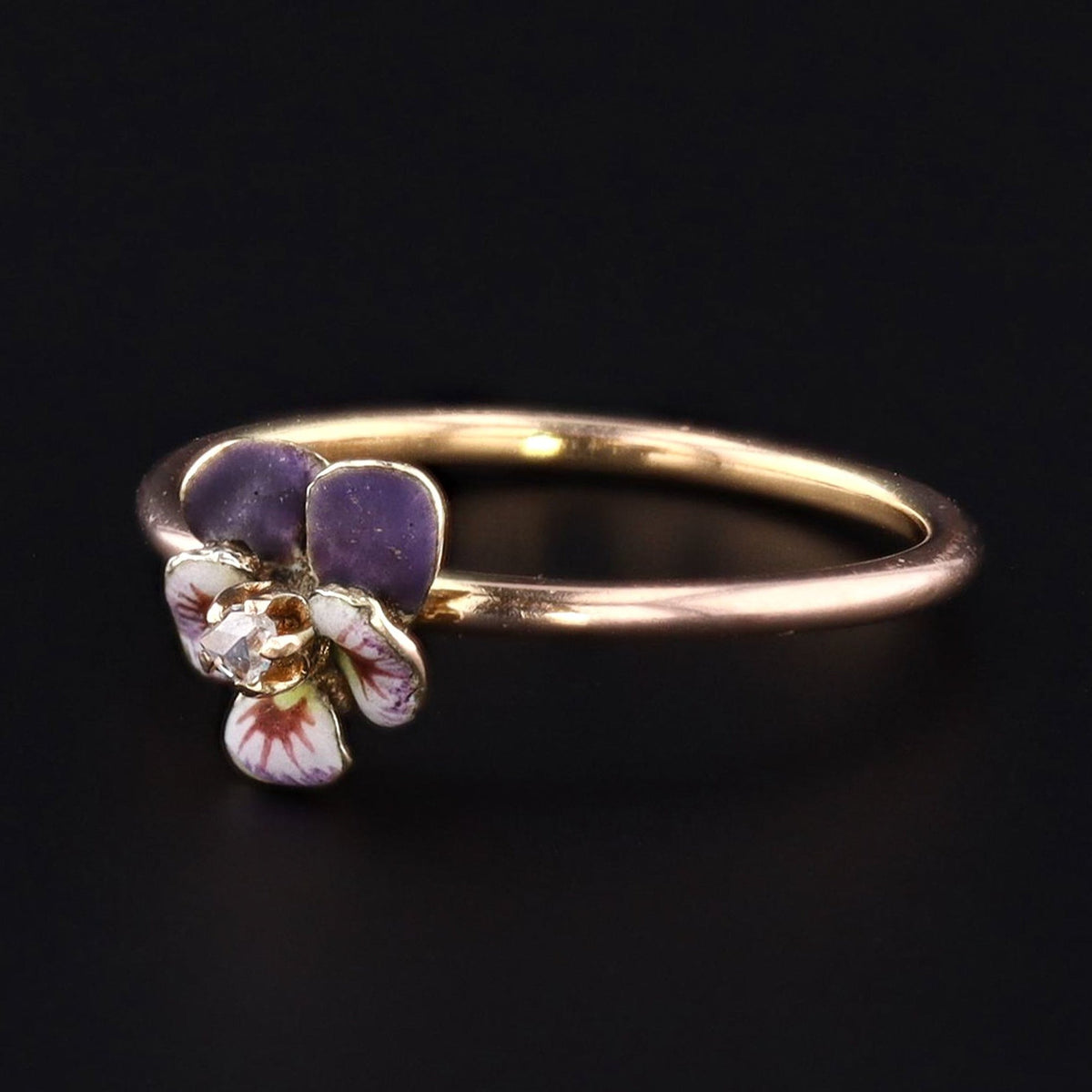 Pansy Ring | 10k Gold &amp; Purple Enamel Pansy Ring - Trademark Antiques