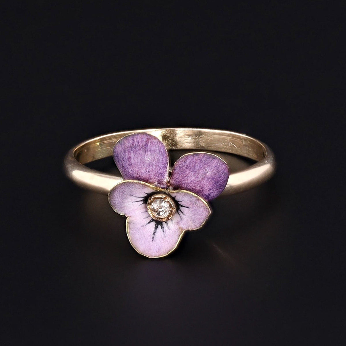 Pansy Ring | 14k Gold &amp; Purple Enamel Pansy Ring - Trademark Antiques