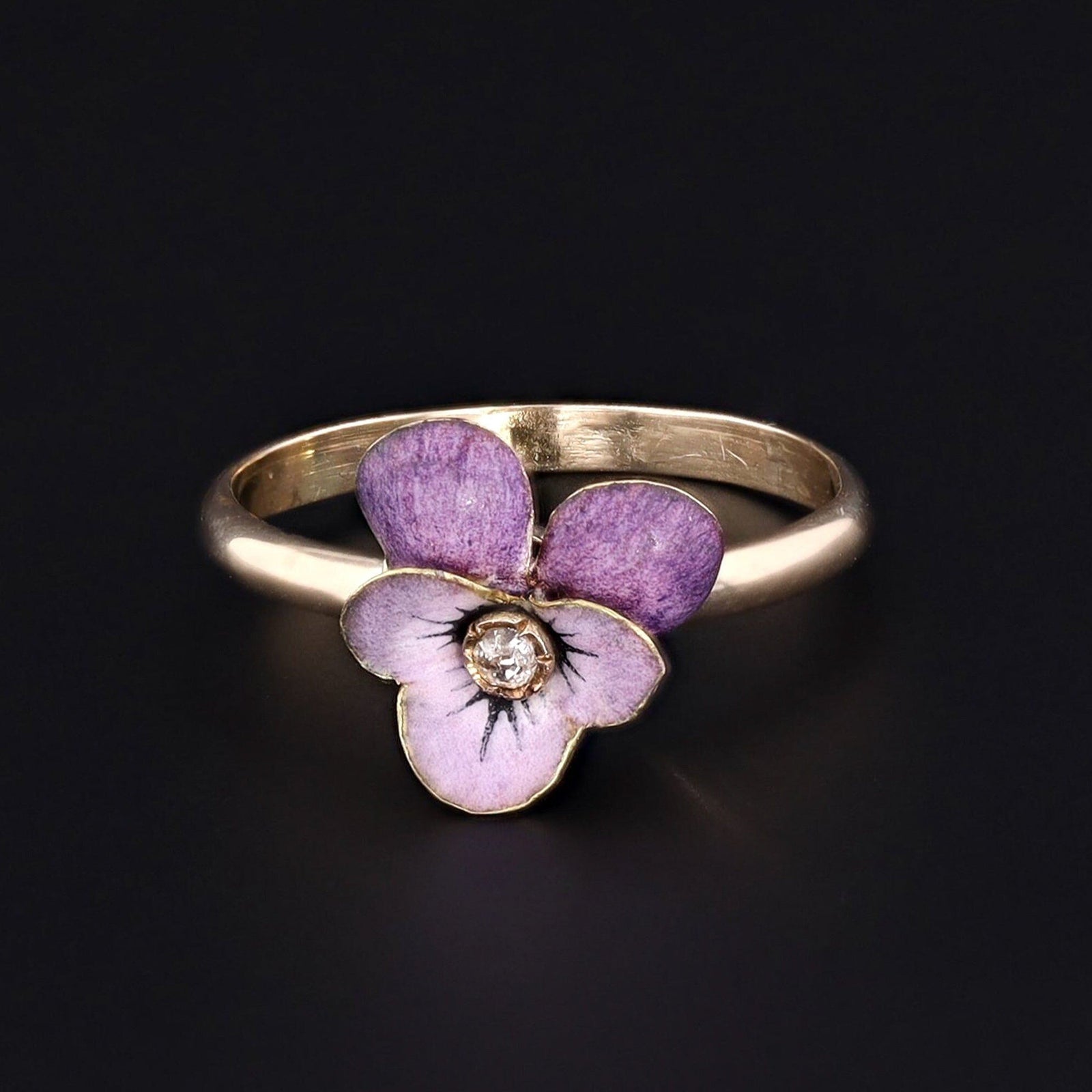 Pansy Ring | 14k Gold & Purple Enamel Pansy Ring - Trademark Antiques