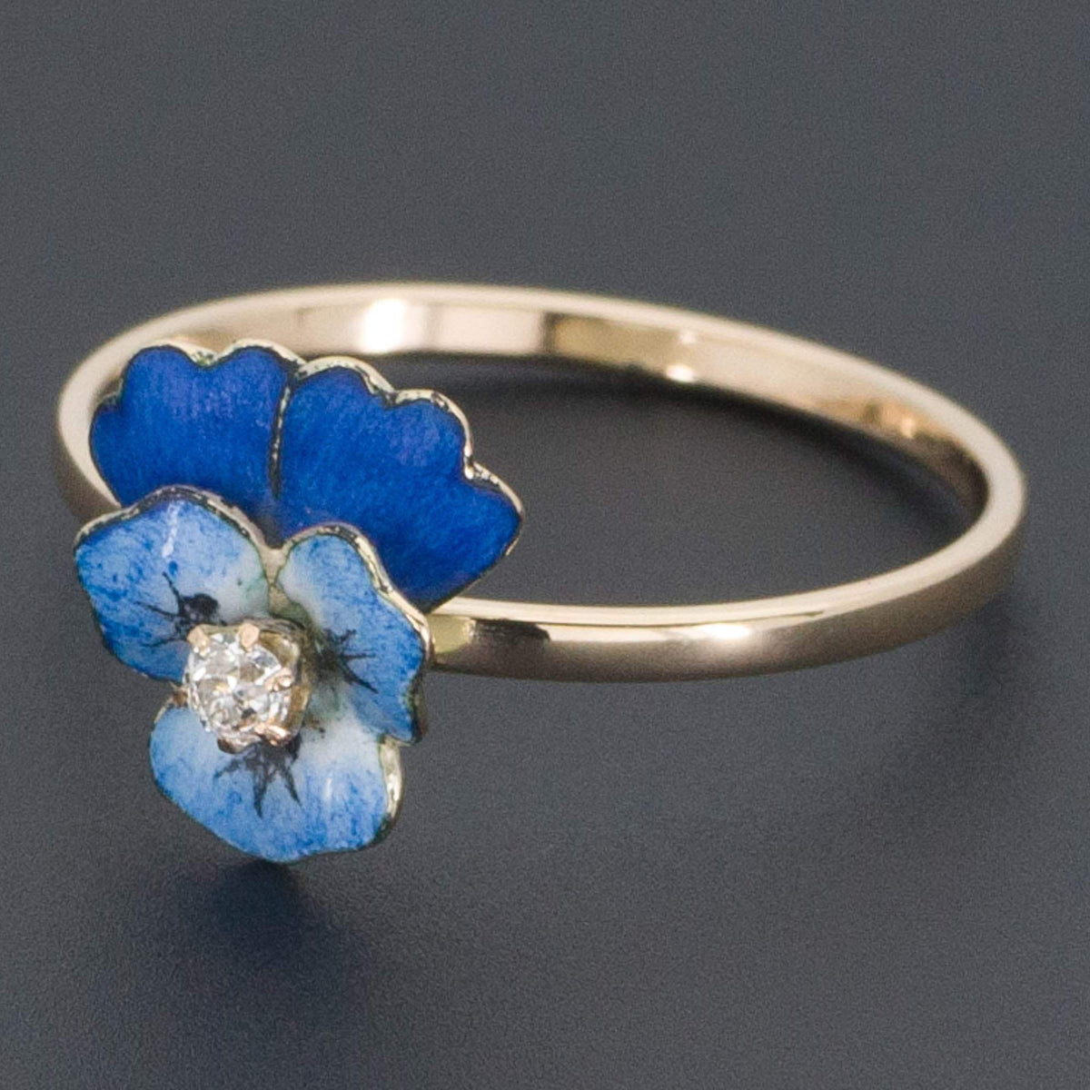Pansy Ring | Enamel Pansy Ring with Diamond - Trademark Antiques