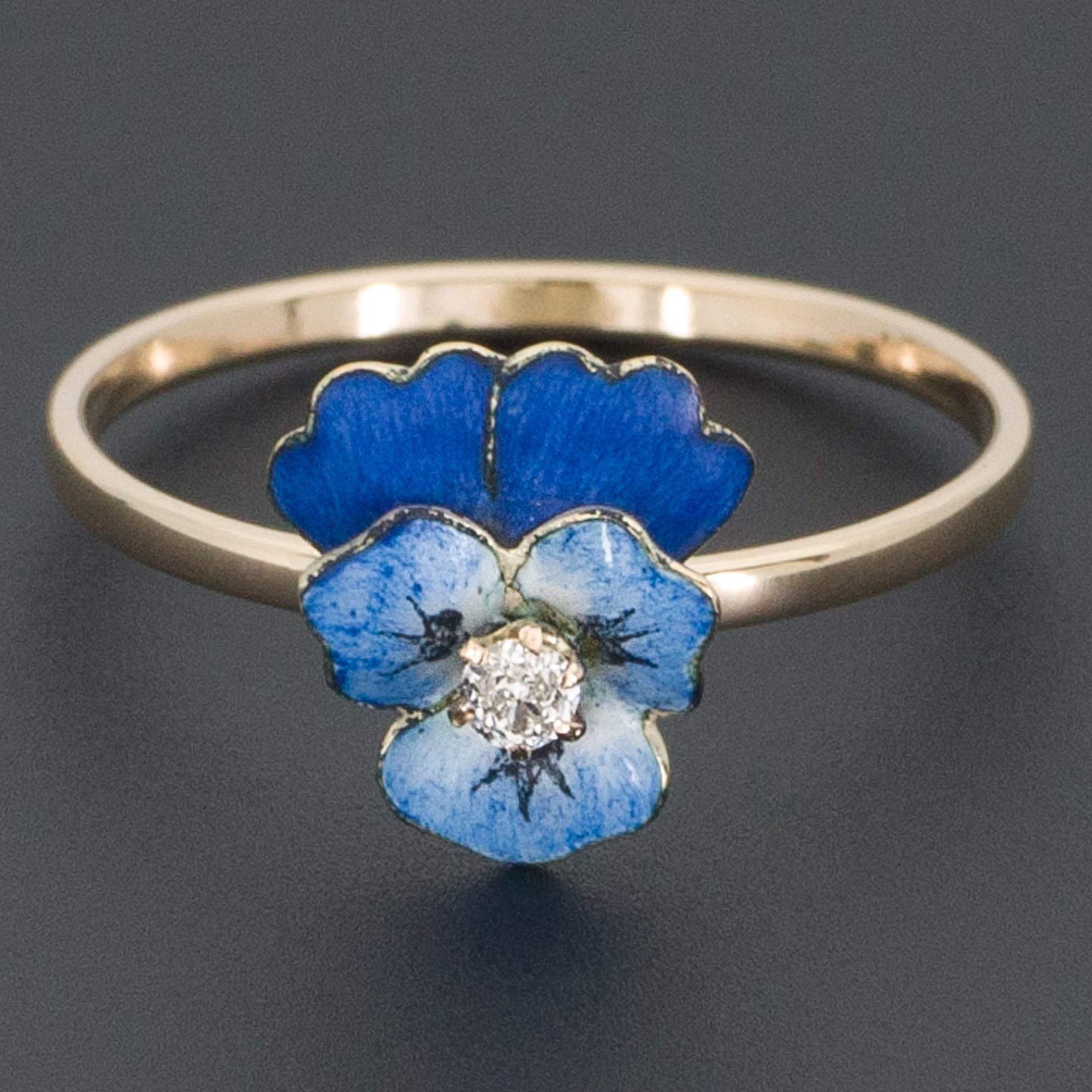 Pansy Ring | Enamel Pansy Ring with Diamond - Trademark Antiques