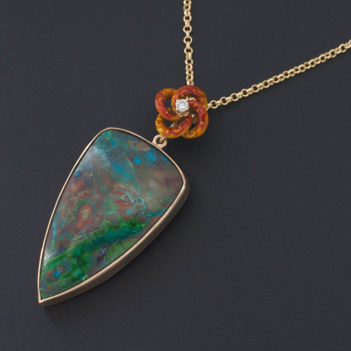 Parrot Wing Chrysocolla Enamel &amp; Diamond Pendant | 14k Gold Pendant on Optional 14k Chain - Trademark Antiques