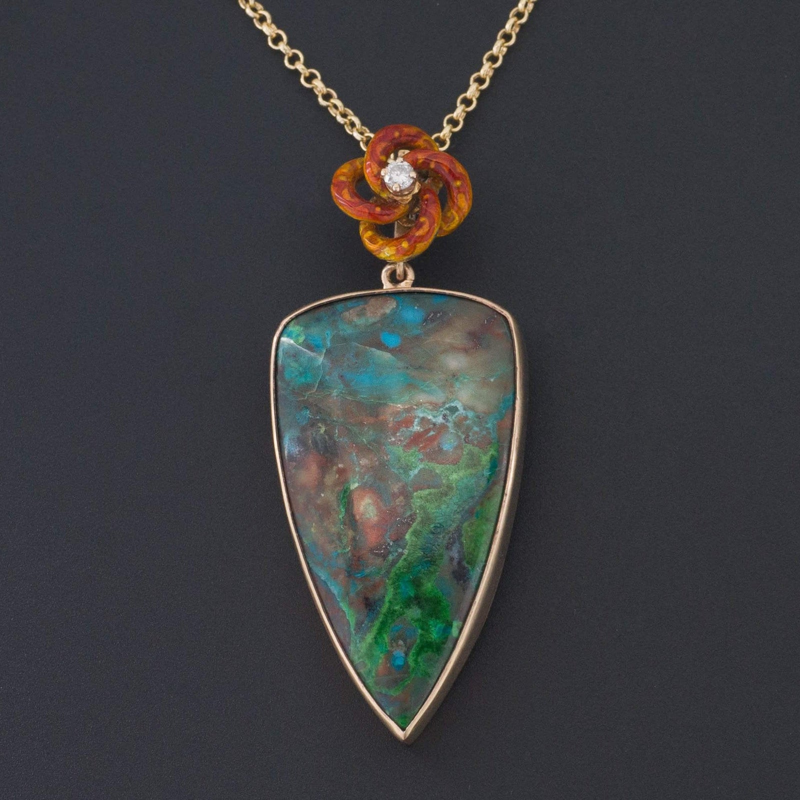 Parrot Wing Chrysocolla Enamel & Diamond Pendant | 14k Gold Pendant on Optional 14k Chain - Trademark Antiques