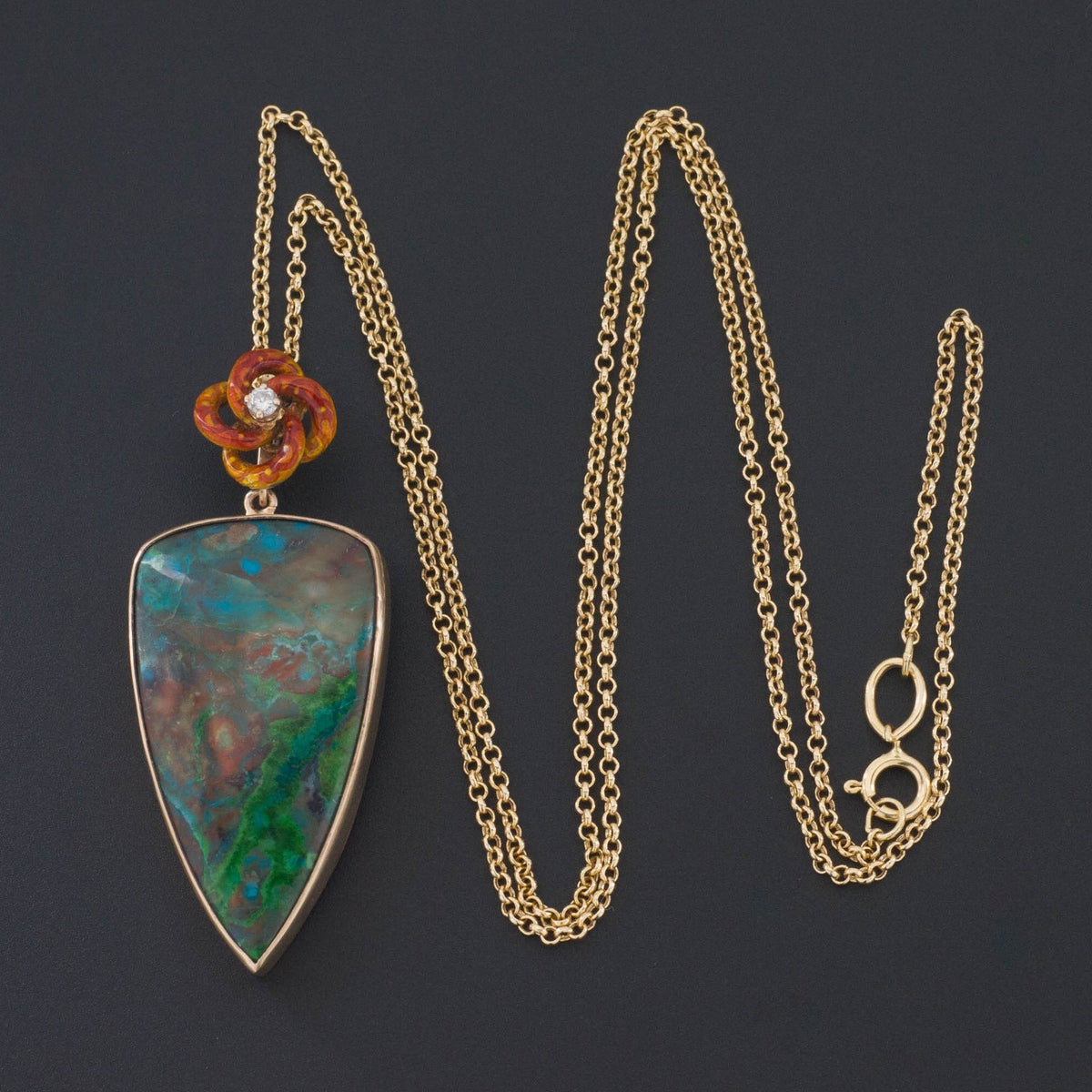 Parrot Wing Chrysocolla Enamel &amp; Diamond Pendant | 14k Gold Pendant on Optional 14k Chain - Trademark Antiques