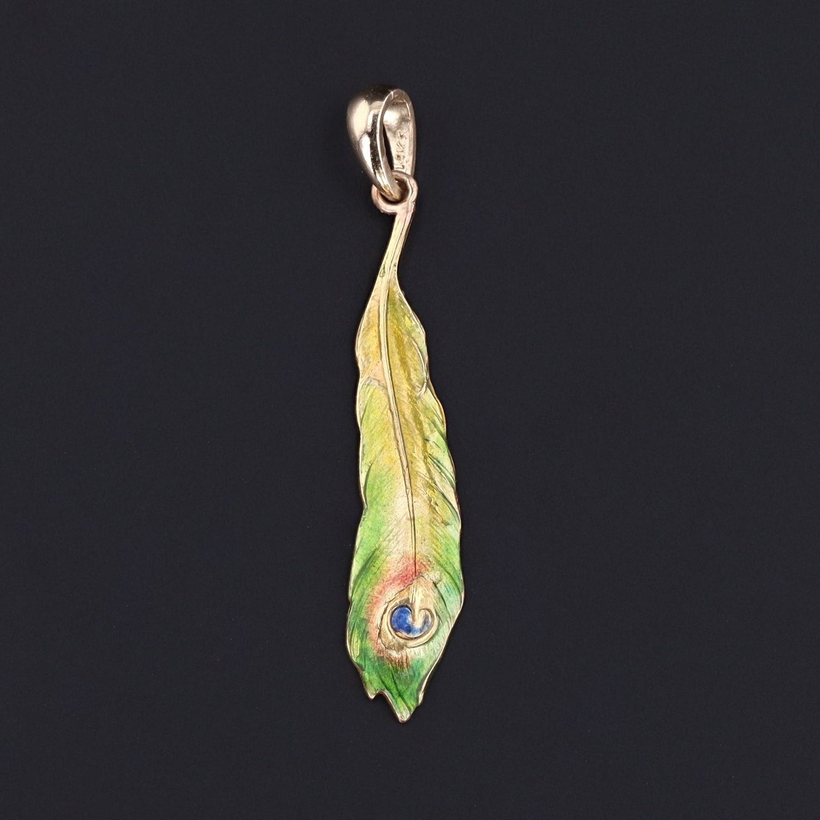 Peacock Feather Pendant | Antique Enamel Peacock Feather Pendant - Trademark Antiques