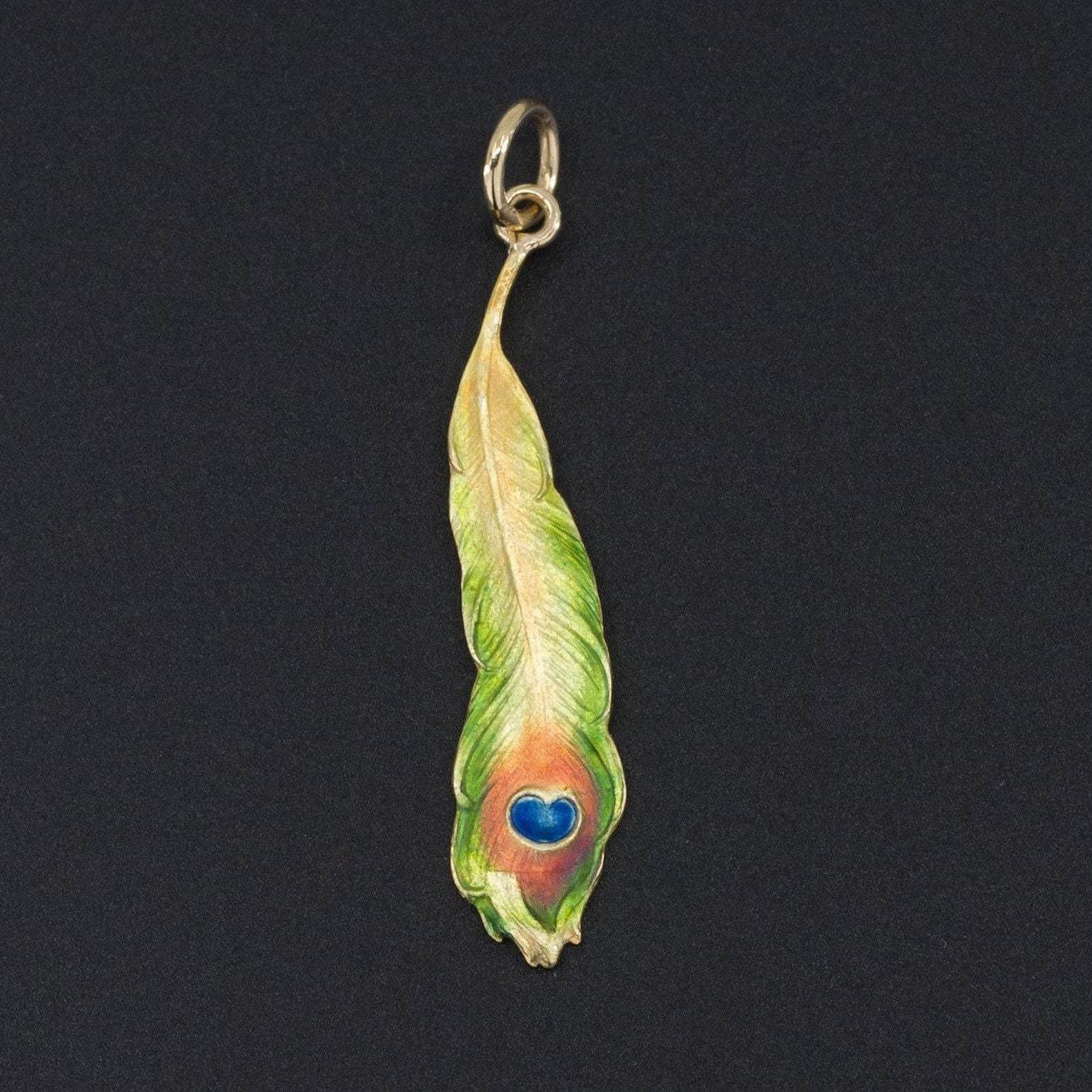 Peacock Feather Pendant | Antique Enamel Peacock Feather Pendant - Trademark Antiques