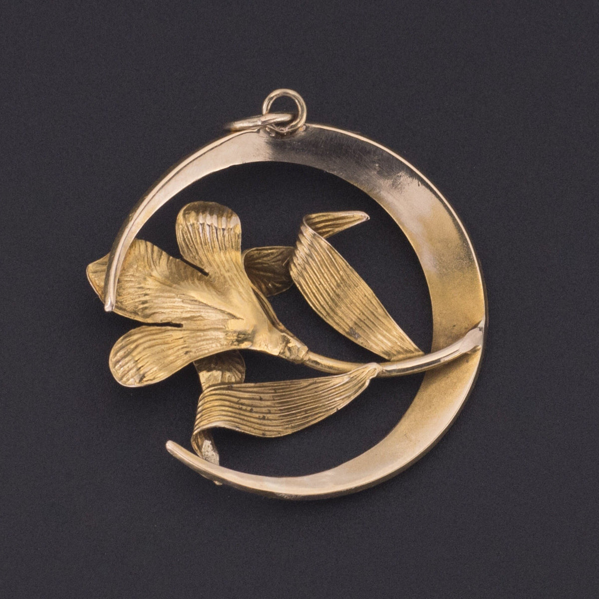 Pearl Crescent Moon with Flower Pendant | 14K Gold Pearl Crescent Pendant - Trademark Antiques