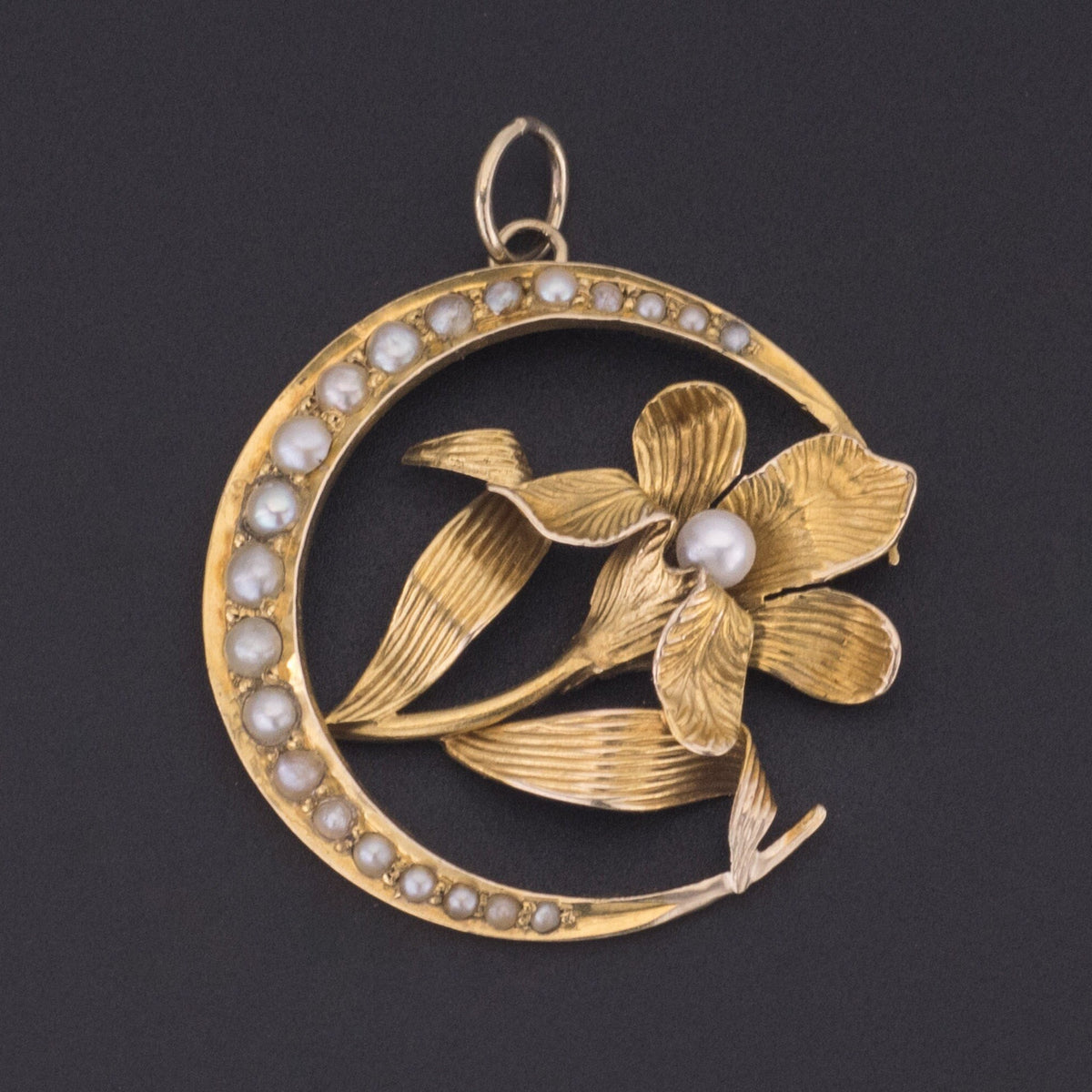 Pearl Crescent Moon with Flower Pendant | 14K Gold Pearl Crescent Pendant - Trademark Antiques