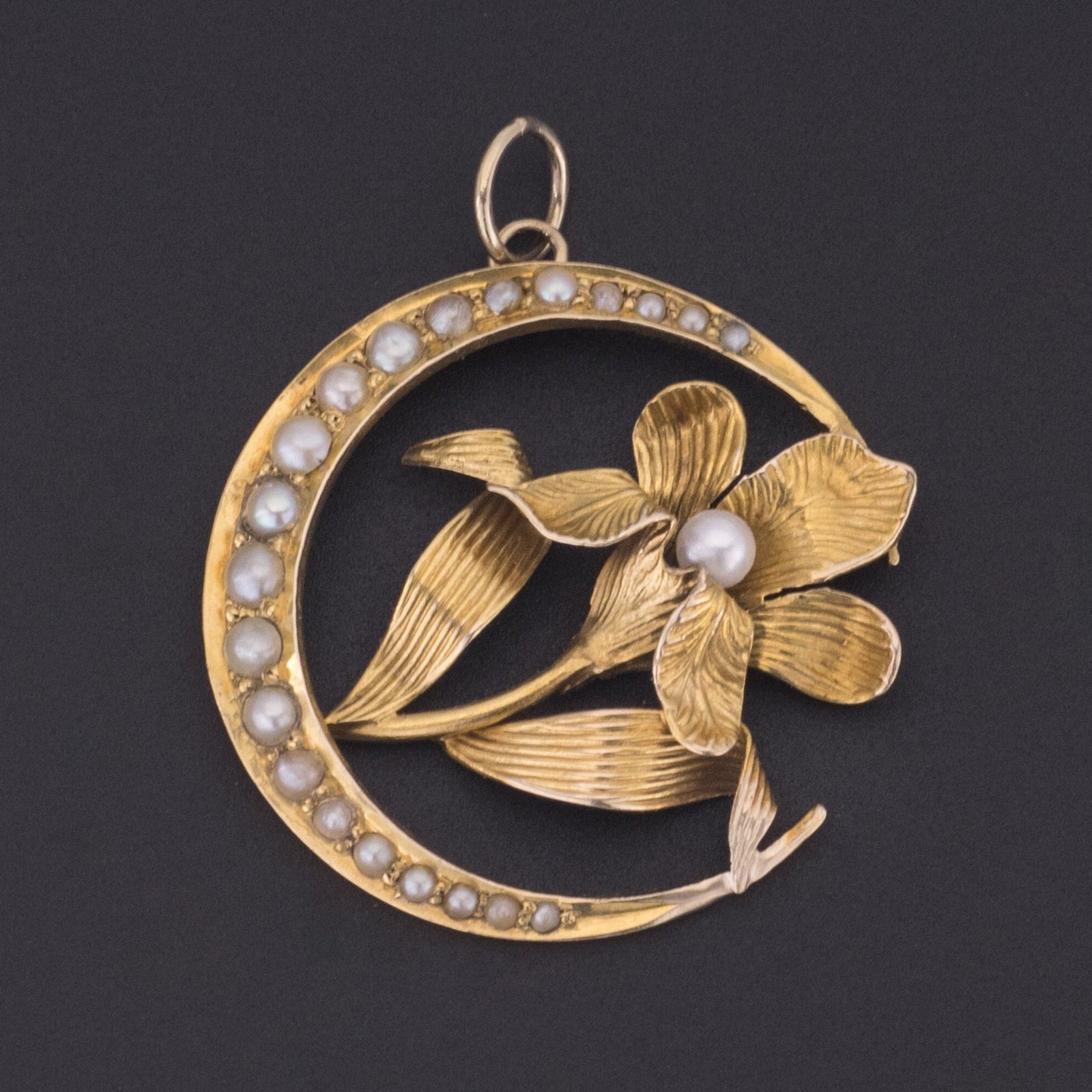 Pearl Crescent Moon with Flower Pendant | 14K Gold Pearl Crescent Pendant - Trademark Antiques