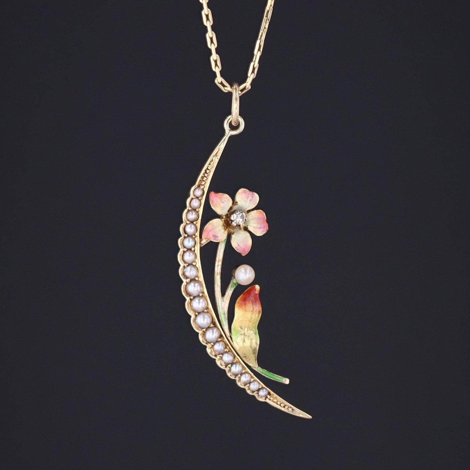 Pearl Crescent Moon with Flower Pendant | Victorian Pendant - Trademark Antiques