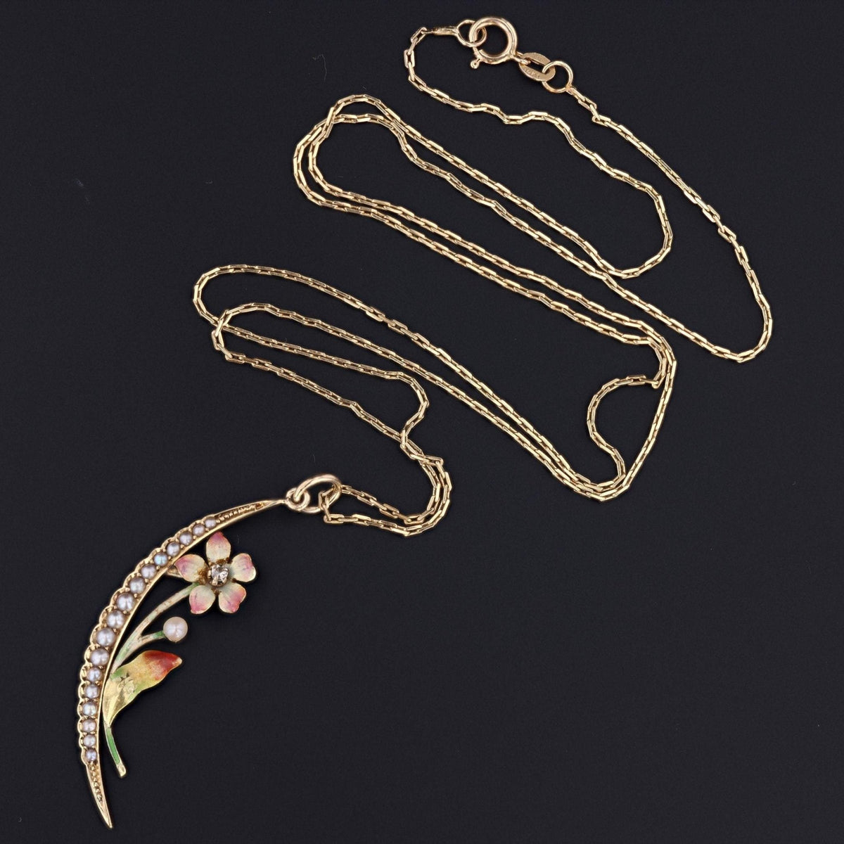 Pearl Crescent Moon with Flower Pendant | Victorian Pendant - Trademark Antiques