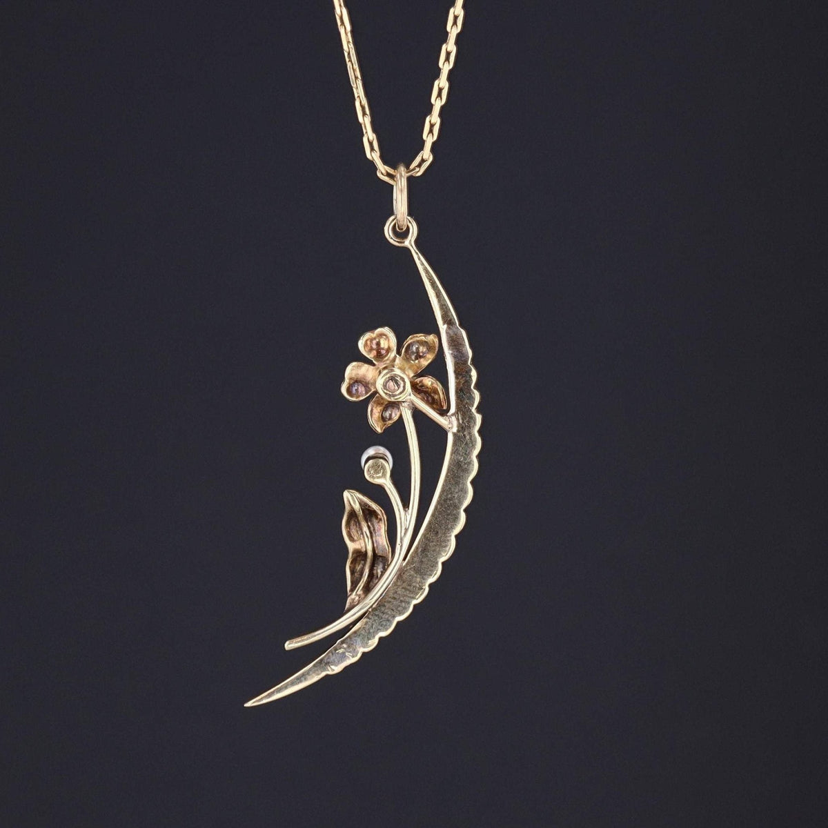 Pearl Crescent Moon with Flower Pendant | Victorian Pendant - Trademark Antiques