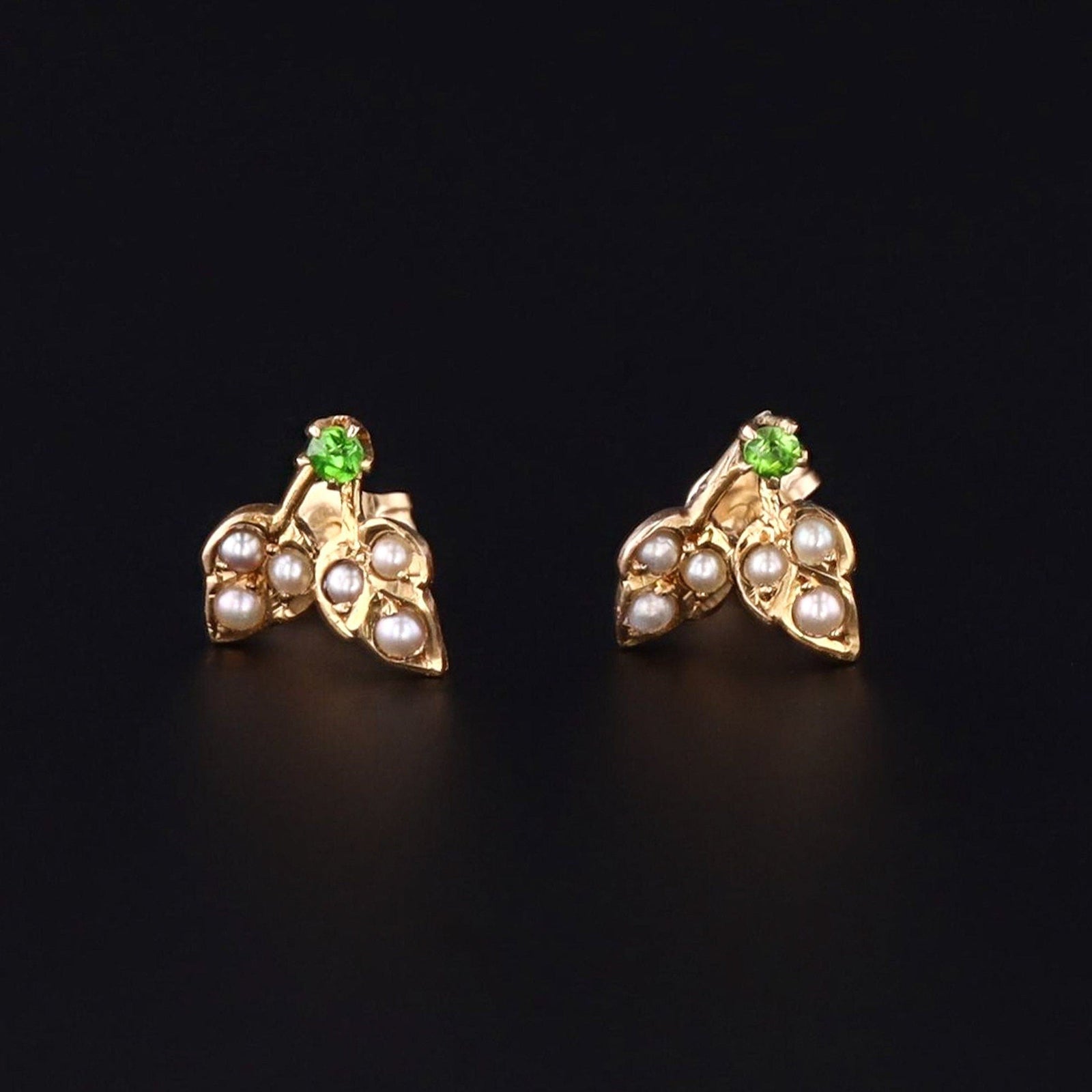Pearl & Demantoid Garnet Flower Earrings | Antique Pin Conversion Earrings - Trademark Antiques