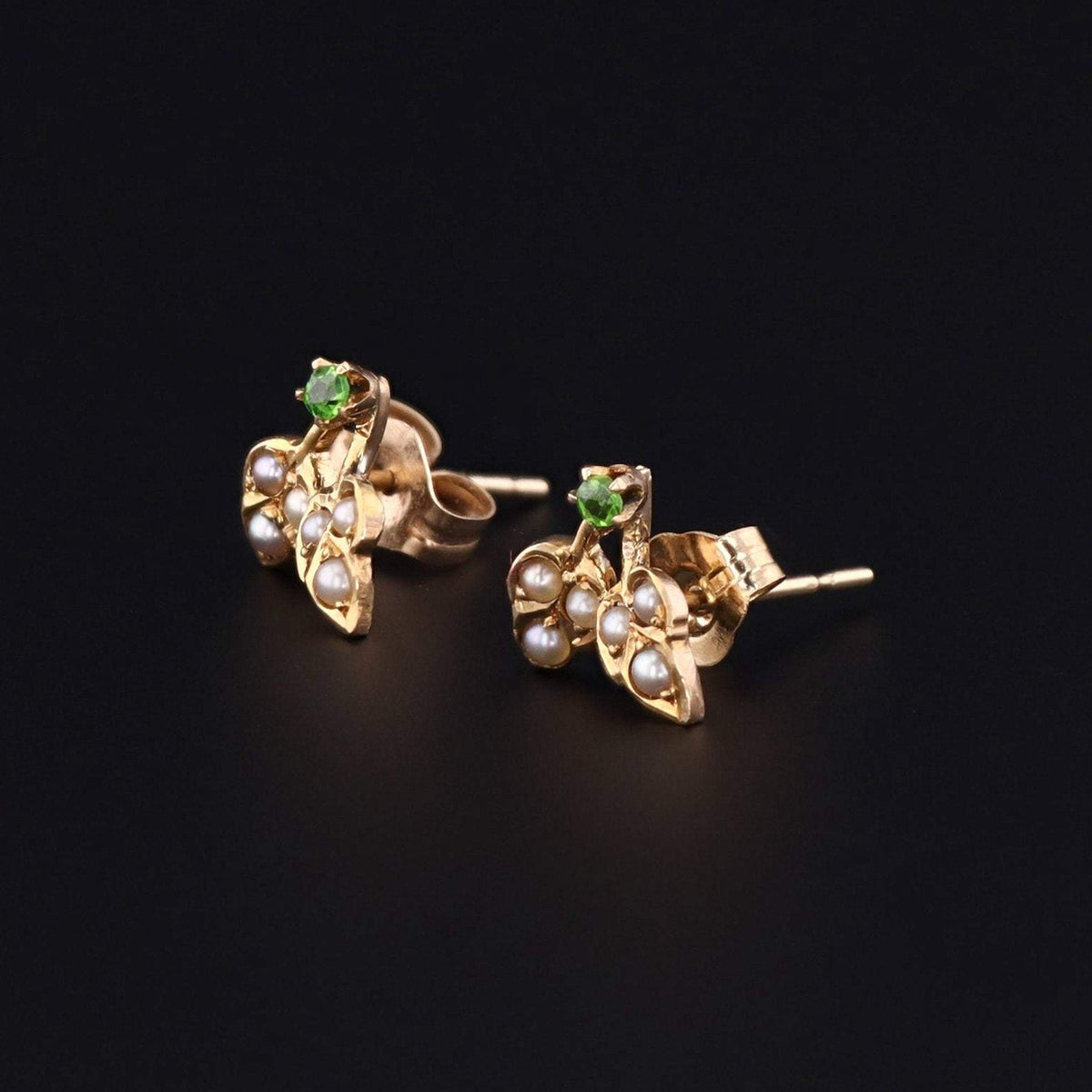 Pearl &amp; Demantoid Garnet Flower Earrings | Antique Pin Conversion Earrings - Trademark Antiques