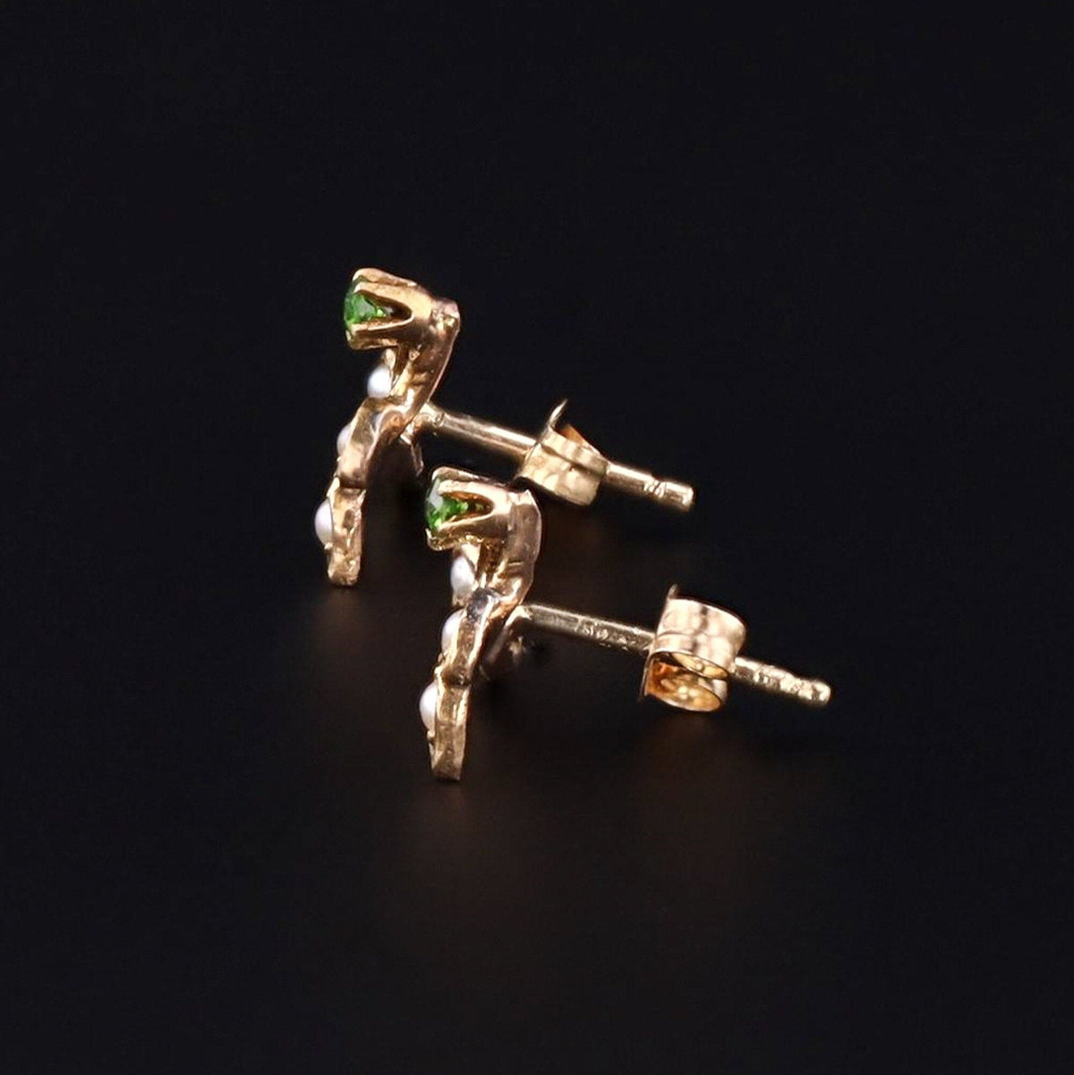 Pearl &amp; Demantoid Garnet Flower Earrings | Antique Pin Conversion Earrings - Trademark Antiques