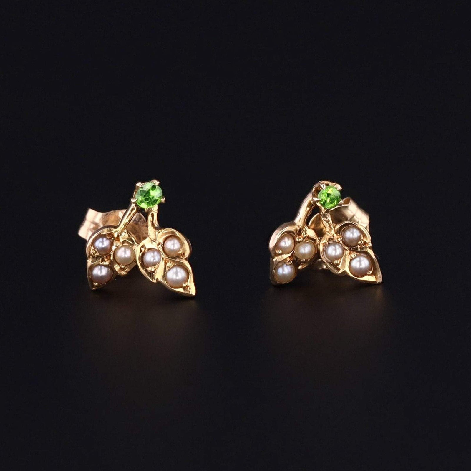 Pearl & Demantoid Garnet Flower Earrings | Antique Pin Conversion Earrings - Trademark Antiques