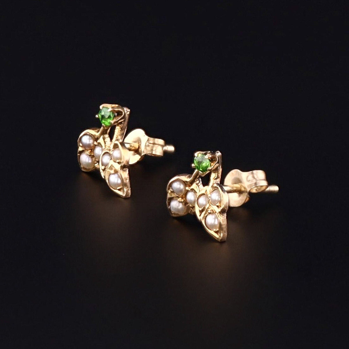 Pearl &amp; Demantoid Garnet Flower Earrings | Antique Pin Conversion Earrings - Trademark Antiques