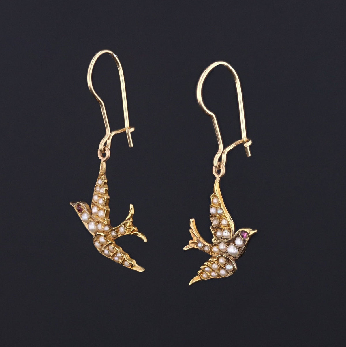 Pearl Swallow Earrings | 14k Gold Swallow Bird Earrings - Trademark Antiques