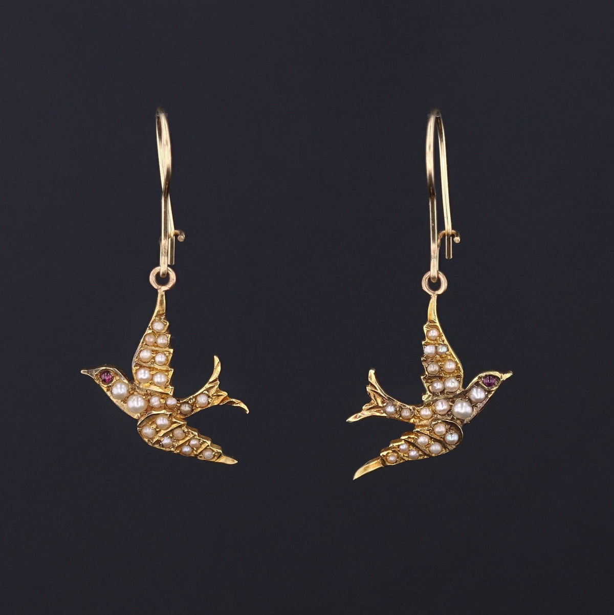 Pearl Swallow Earrings | 14k Gold Swallow Bird Earrings - Trademark Antiques