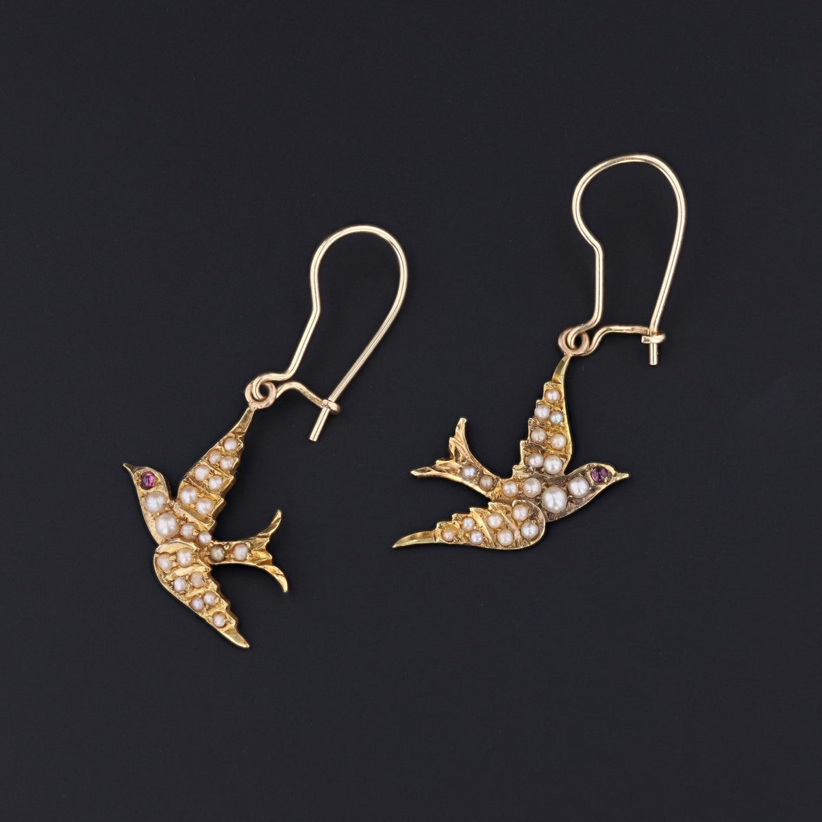 Pearl Swallow Earrings | 14k Gold Swallow Bird Earrings - Trademark Antiques