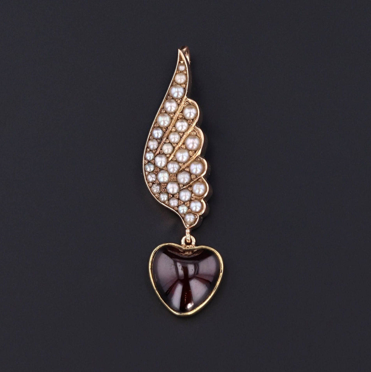 Pearl Wing with Garnet Heart | Antique Pin Conversion Pendant - Trademark Antiques