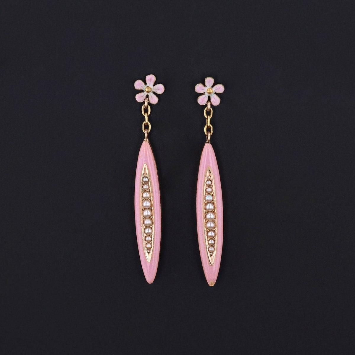 Pin Flower Earrings | 14k Gold, Enamel &amp; Pearl Earrings - Trademark Antiques