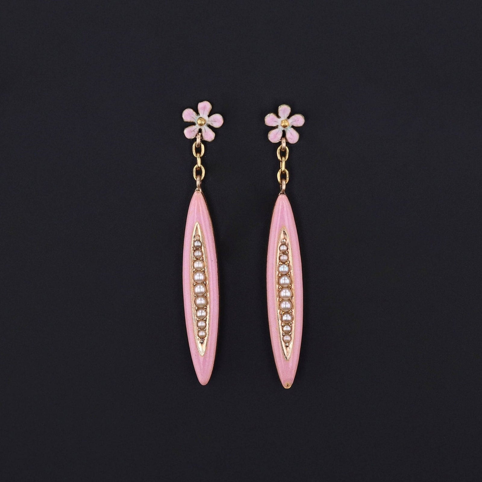 Pin Flower Earrings | 14k Gold, Enamel & Pearl Earrings - Trademark Antiques