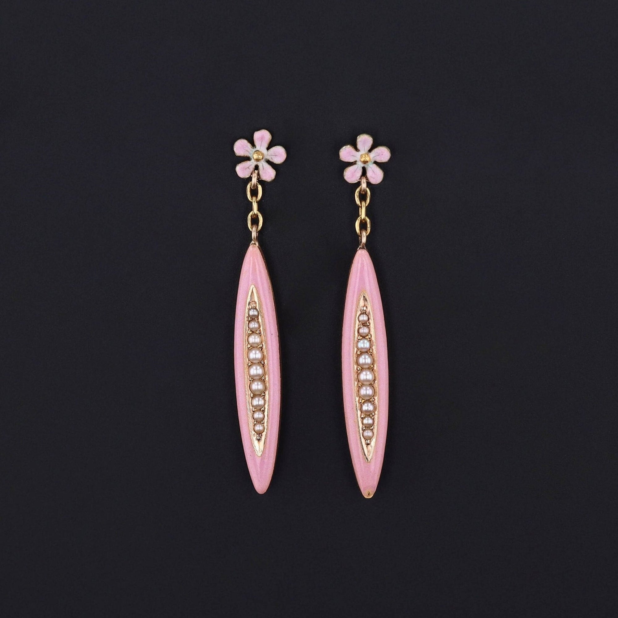 Pin Flower Earrings | 14k Gold, Enamel & Pearl Earrings - Trademark Antiques