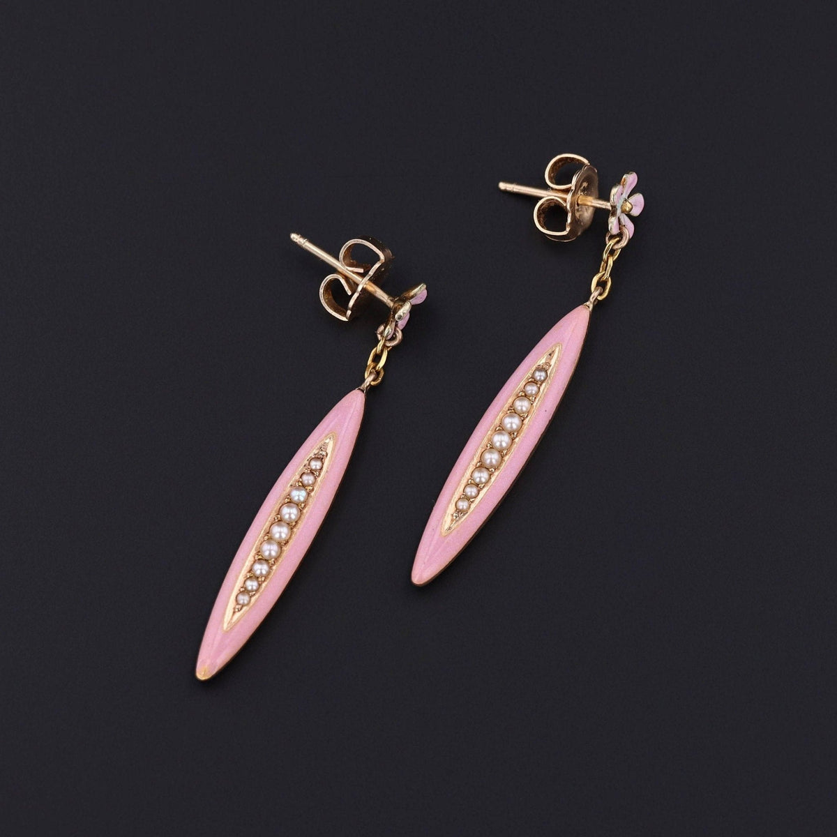 Pin Flower Earrings | 14k Gold, Enamel &amp; Pearl Earrings - Trademark Antiques
