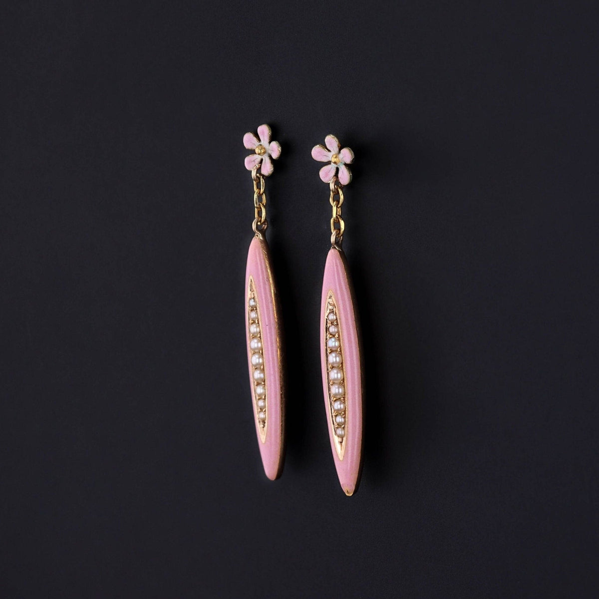 Pin Flower Earrings | 14k Gold, Enamel &amp; Pearl Earrings - Trademark Antiques