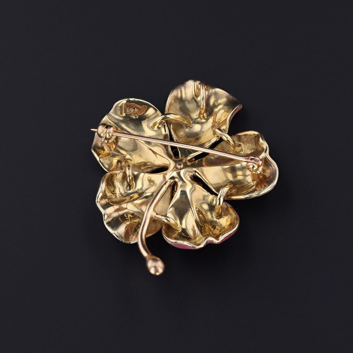 Pink Enamel Dog Rose Flower Brooch | 14k Gold Flower Brooch - Trademark Antiques