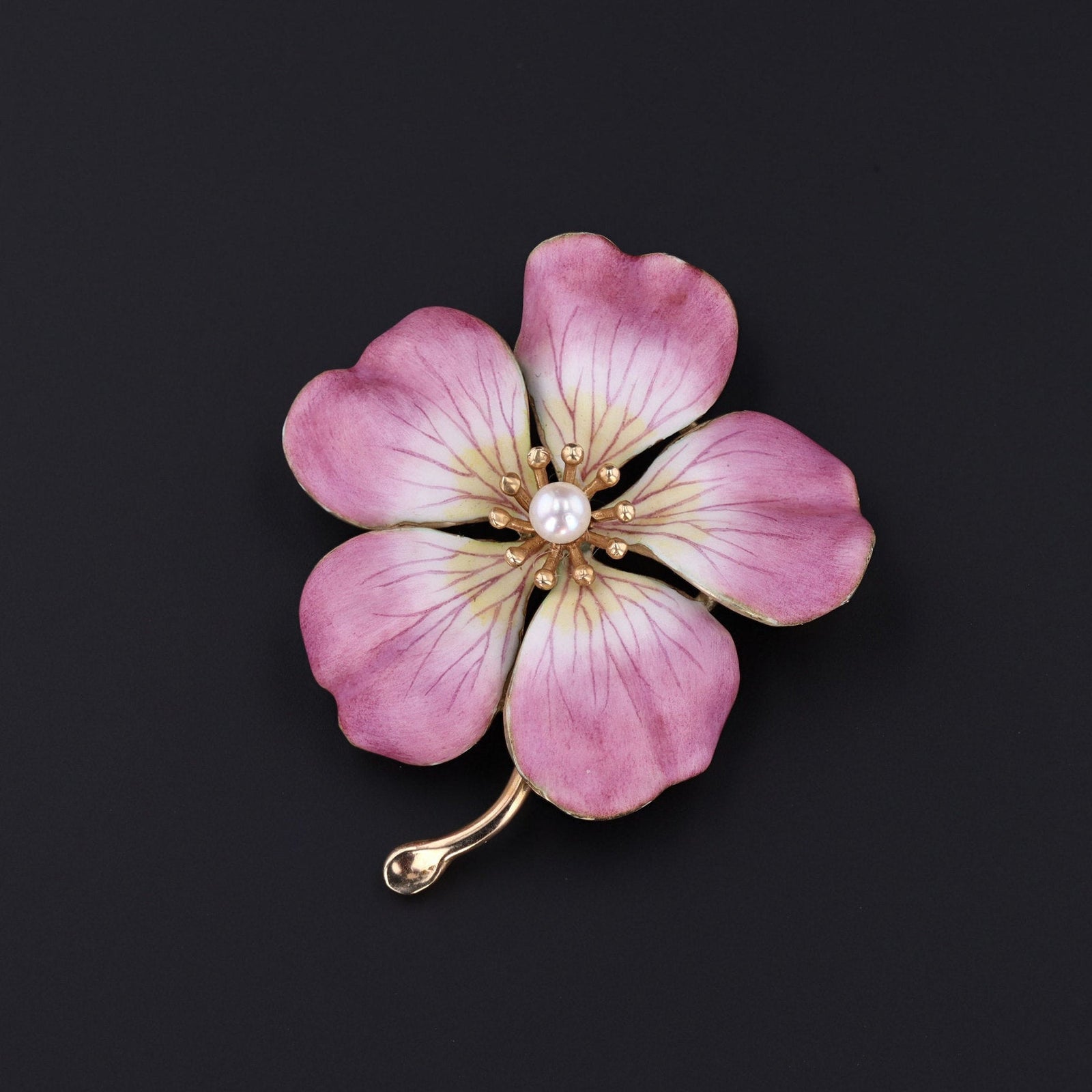 Pink Enamel Dog Rose Flower Brooch | 14k Gold Flower Brooch - Trademark Antiques