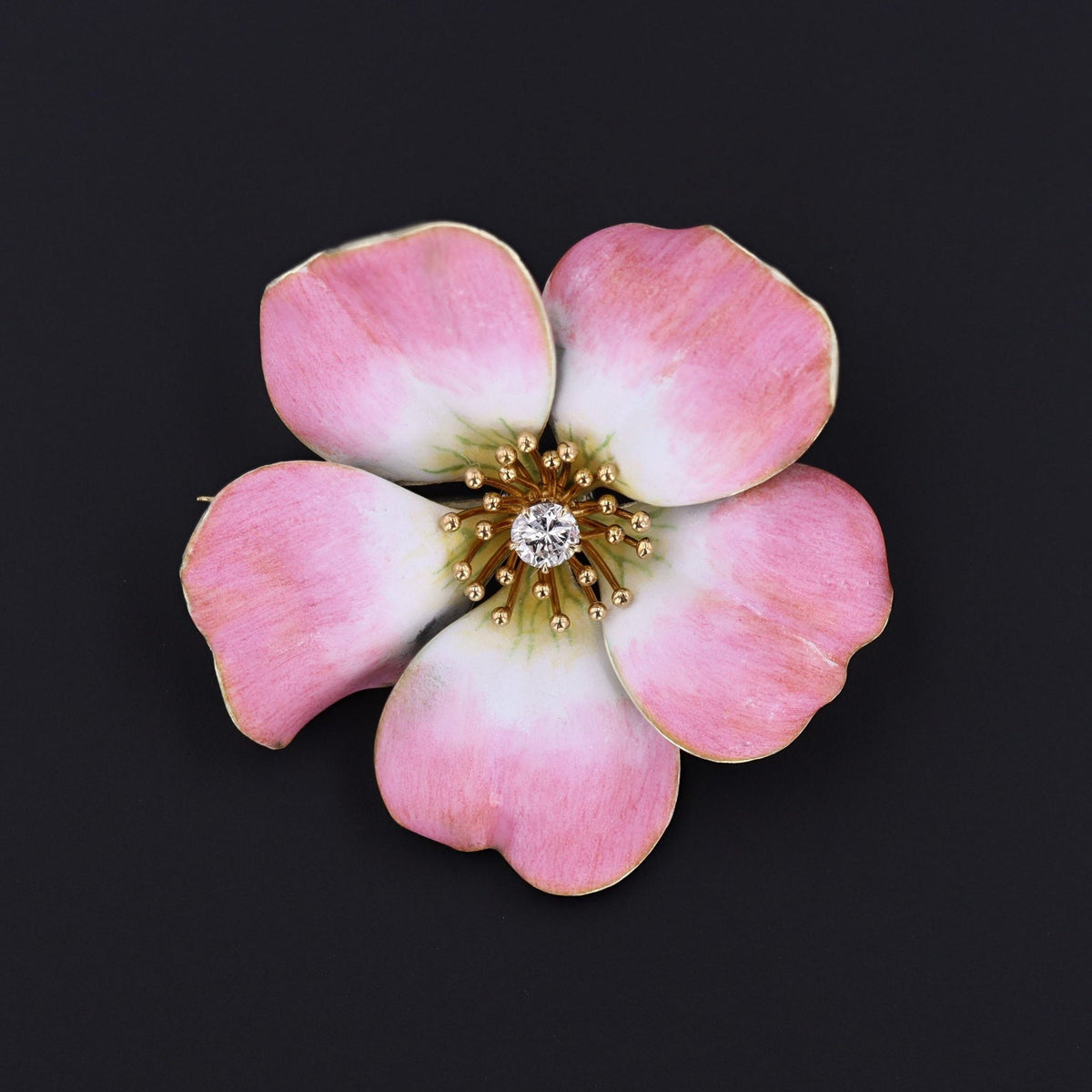 Pink Enamel Dog Rose Flower Brooch | 14k Gold Flower Brooch - Trademark Antiques