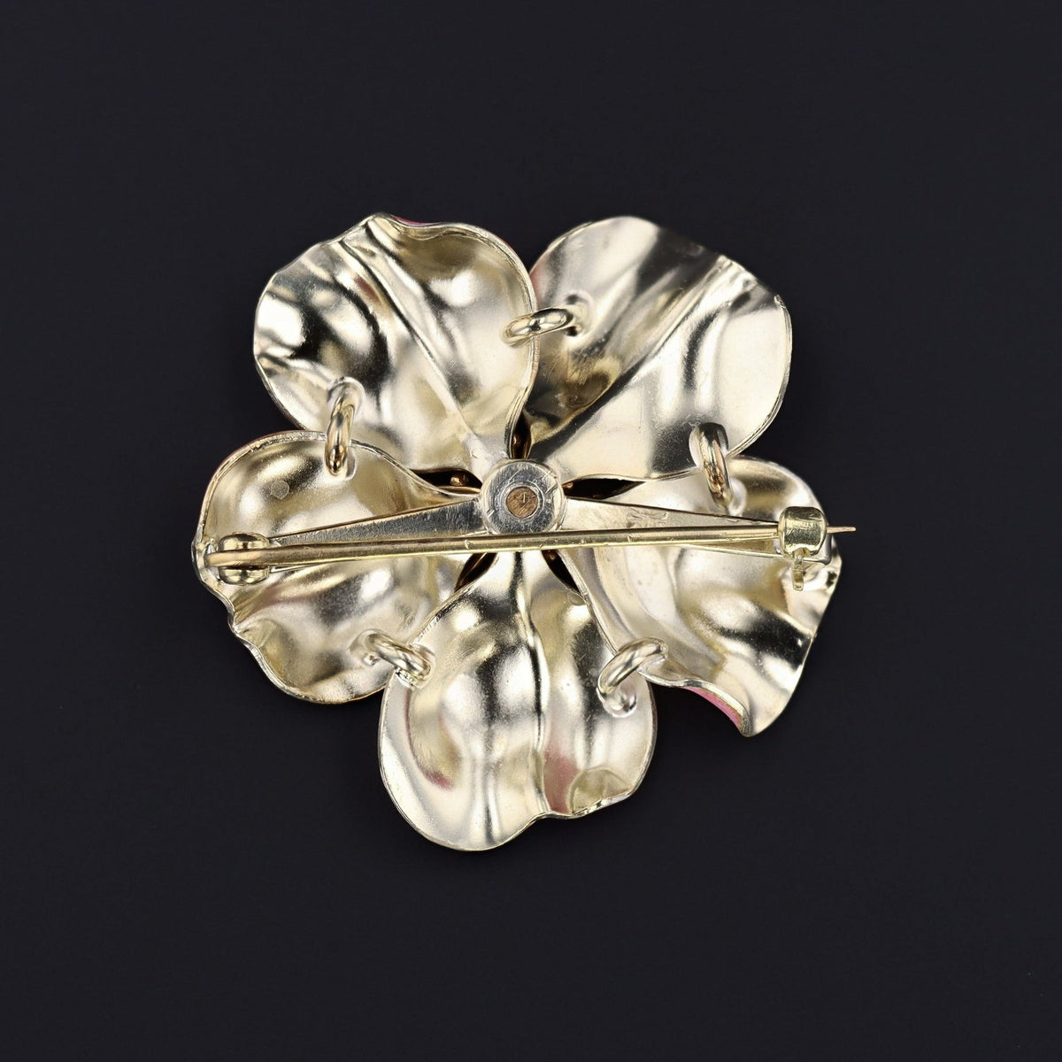 Pink Enamel Dog Rose Flower Brooch | 14k Gold Flower Brooch - Trademark Antiques