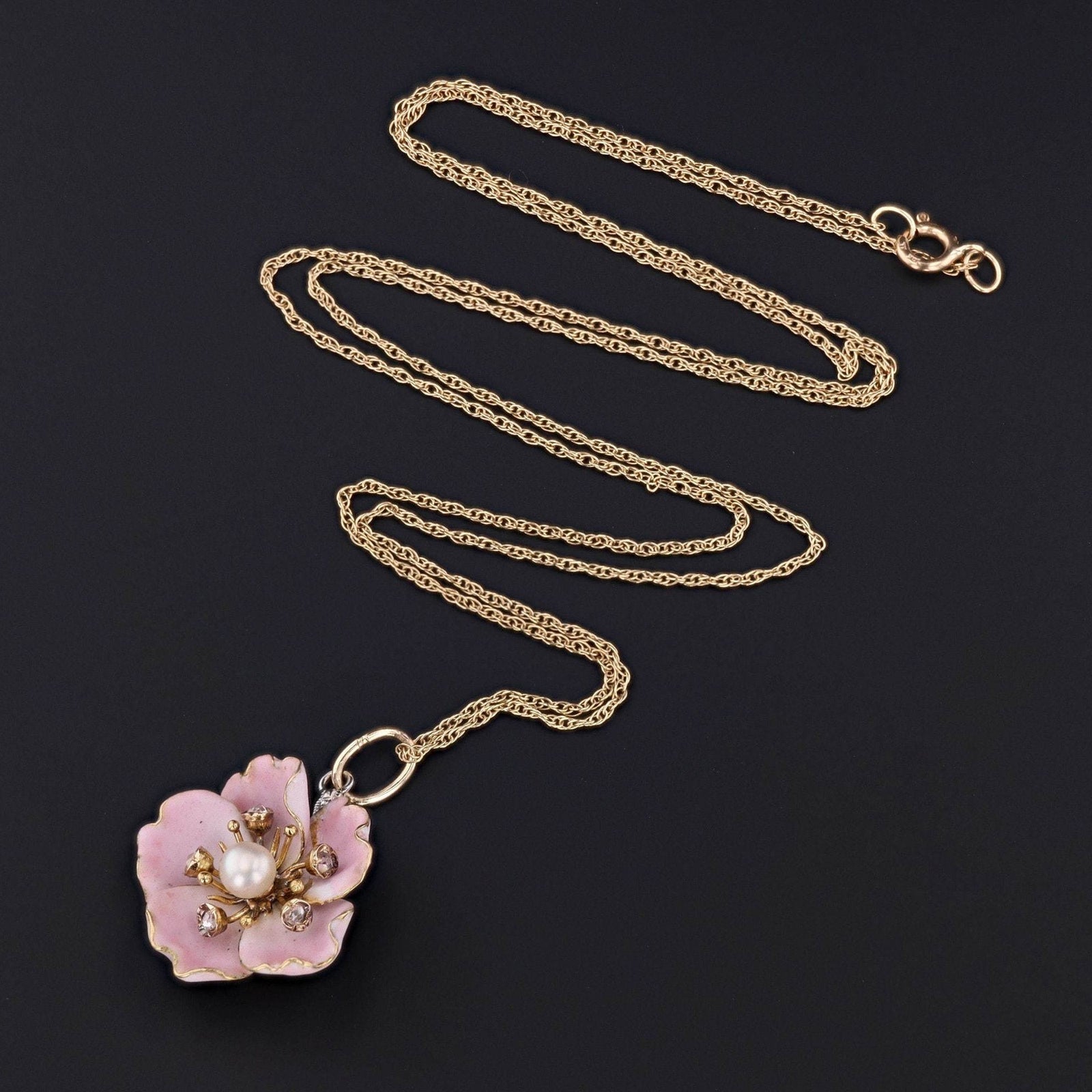 Pink Enamel Flower Pendant| Dogrose Pendant - Trademark Antiques