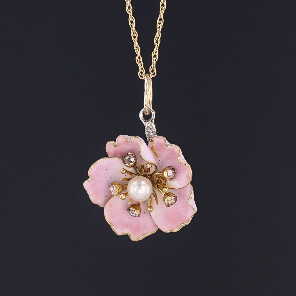 Pink Enamel Flower Pendant| Dogrose Pendant - Trademark Antiques