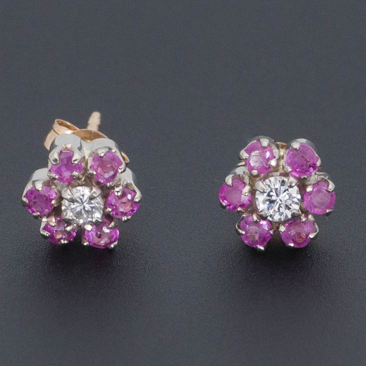 Pink Sapphire &amp; Diamond Flower Earrings | 14k Gold Earrings - Trademark Antiques