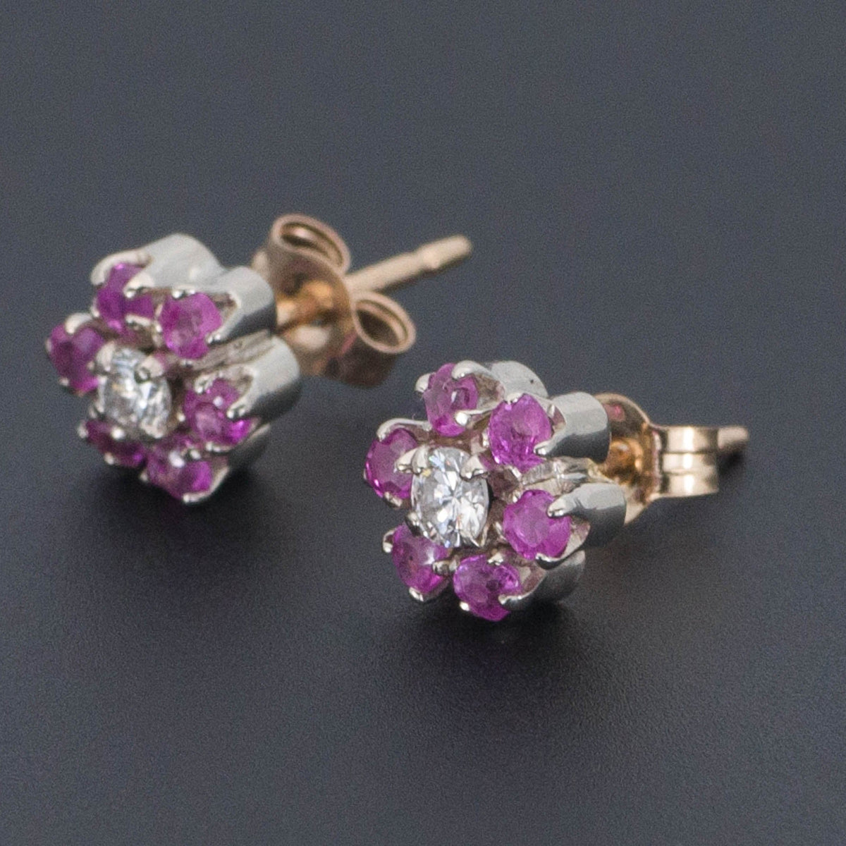 Pink Sapphire &amp; Diamond Flower Earrings | 14k Gold Earrings - Trademark Antiques