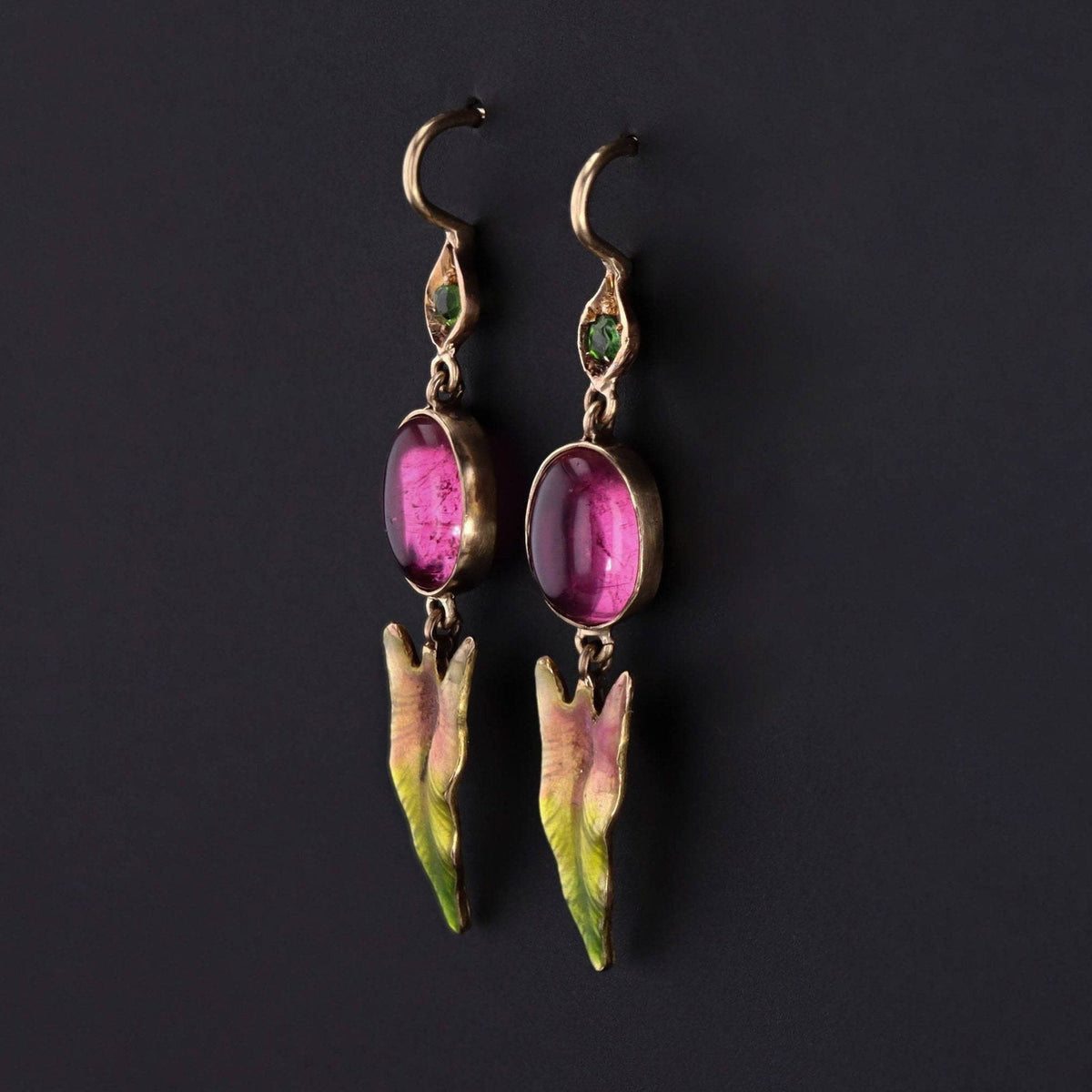 Pink Tourmaline Earrings with Enamel &amp; Demantoid Garnets | 14k Gold Earrings - Trademark Antiques
