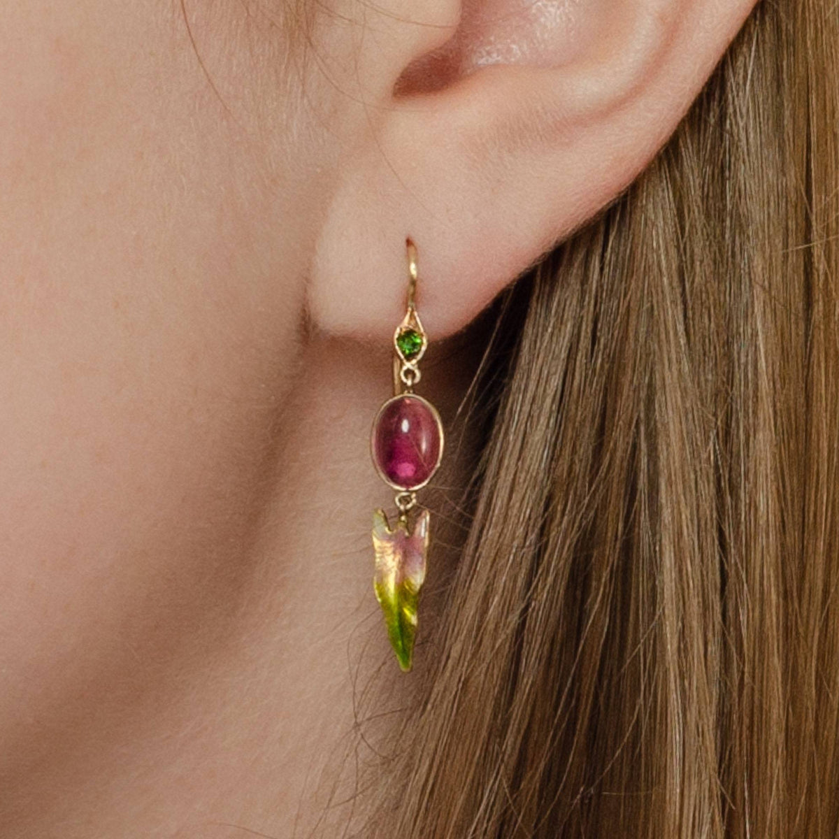 Pink Tourmaline Earrings with Enamel &amp; Demantoid Garnets | 14k Gold Earrings - Trademark Antiques