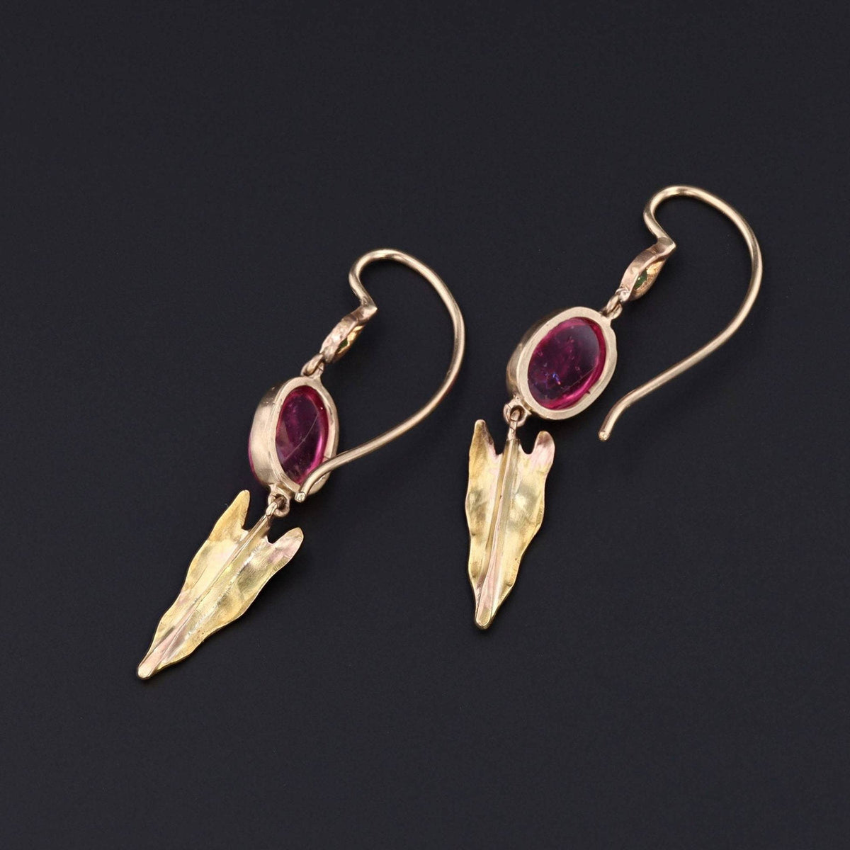 Pink Tourmaline Earrings with Enamel &amp; Demantoid Garnets | 14k Gold Earrings - Trademark Antiques