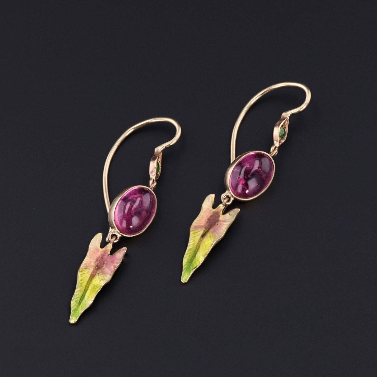 Pink Tourmaline Earrings with Enamel &amp; Demantoid Garnets | 14k Gold Earrings - Trademark Antiques