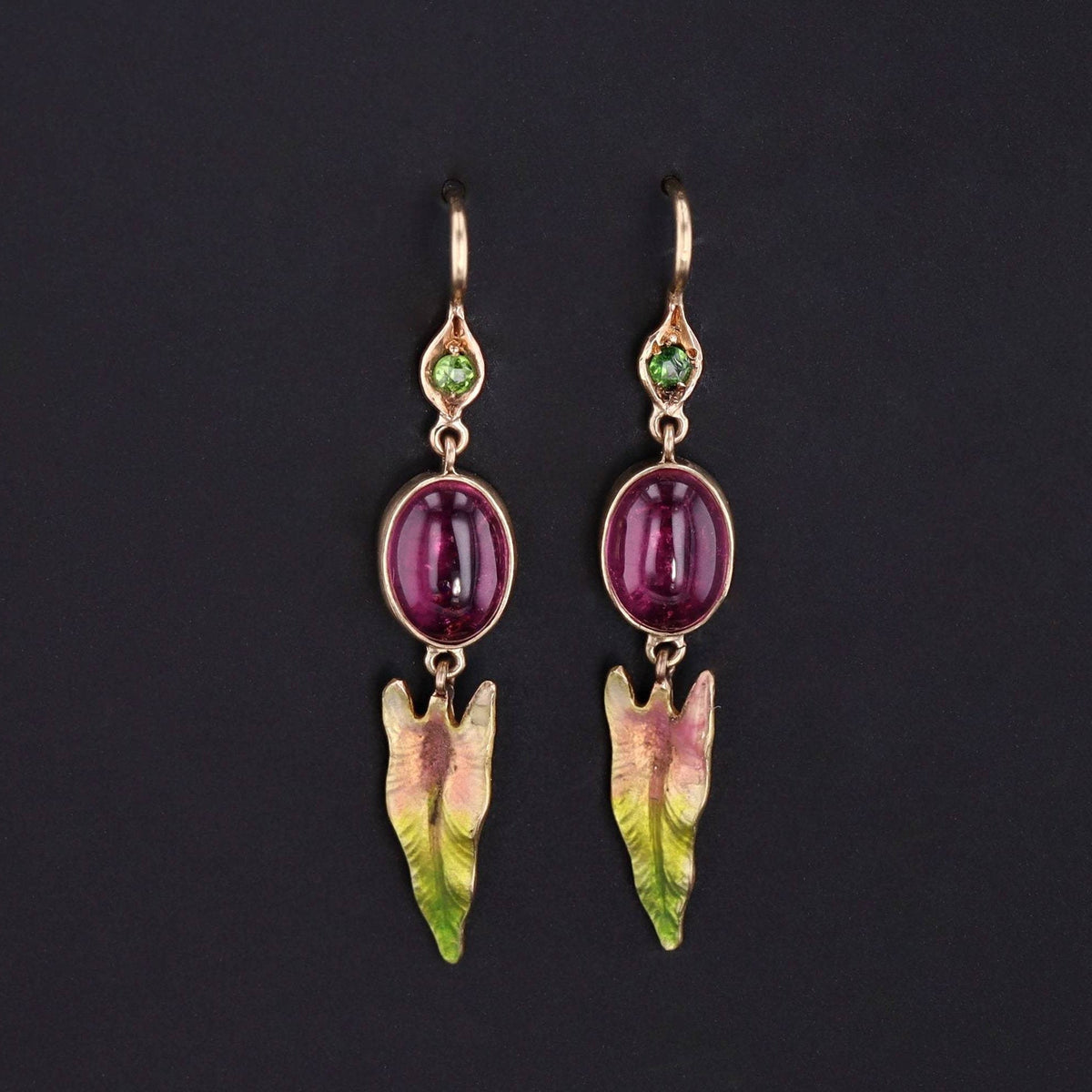 Pink Tourmaline Earrings with Enamel &amp; Demantoid Garnets | 14k Gold Earrings - Trademark Antiques
