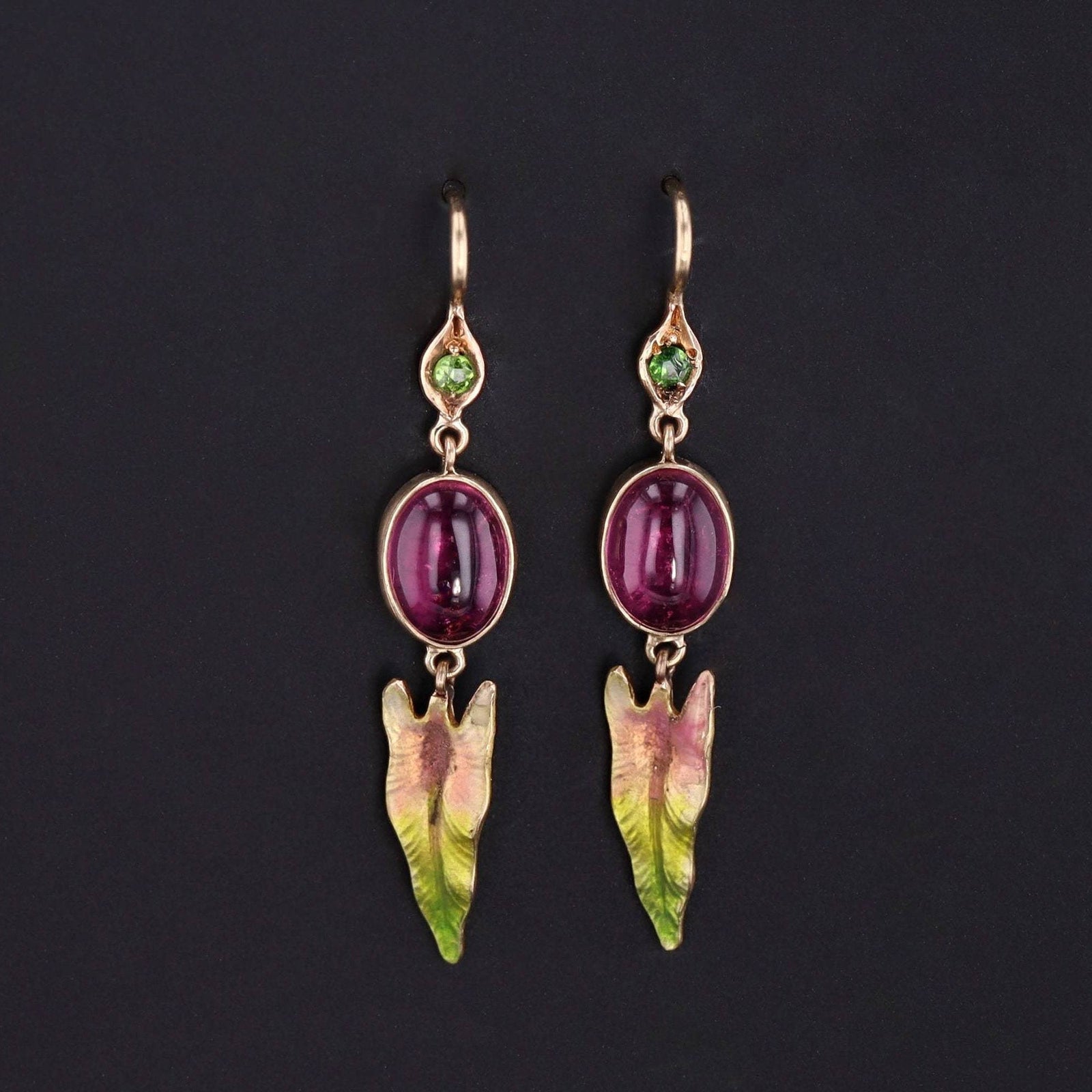 Pink Tourmaline Earrings with Enamel & Demantoid Garnets | 14k Gold Earrings - Trademark Antiques