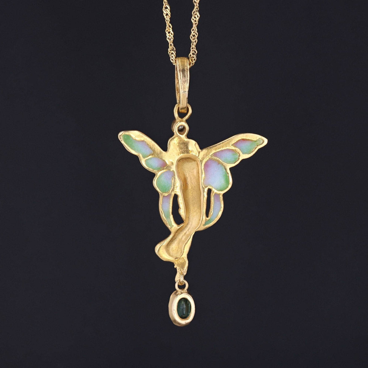 Plique a Jour Enamel Fairy Pendant | 18k Gold Pendant on Optional 14k Chain - Trademark Antiques