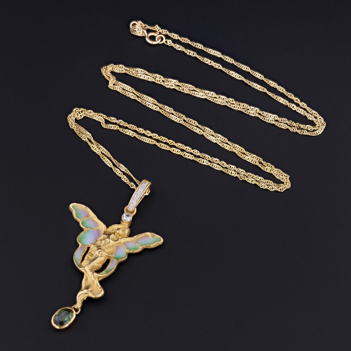 Plique a Jour Enamel Fairy Pendant | 18k Gold Pendant on Optional 14k Chain - Trademark Antiques